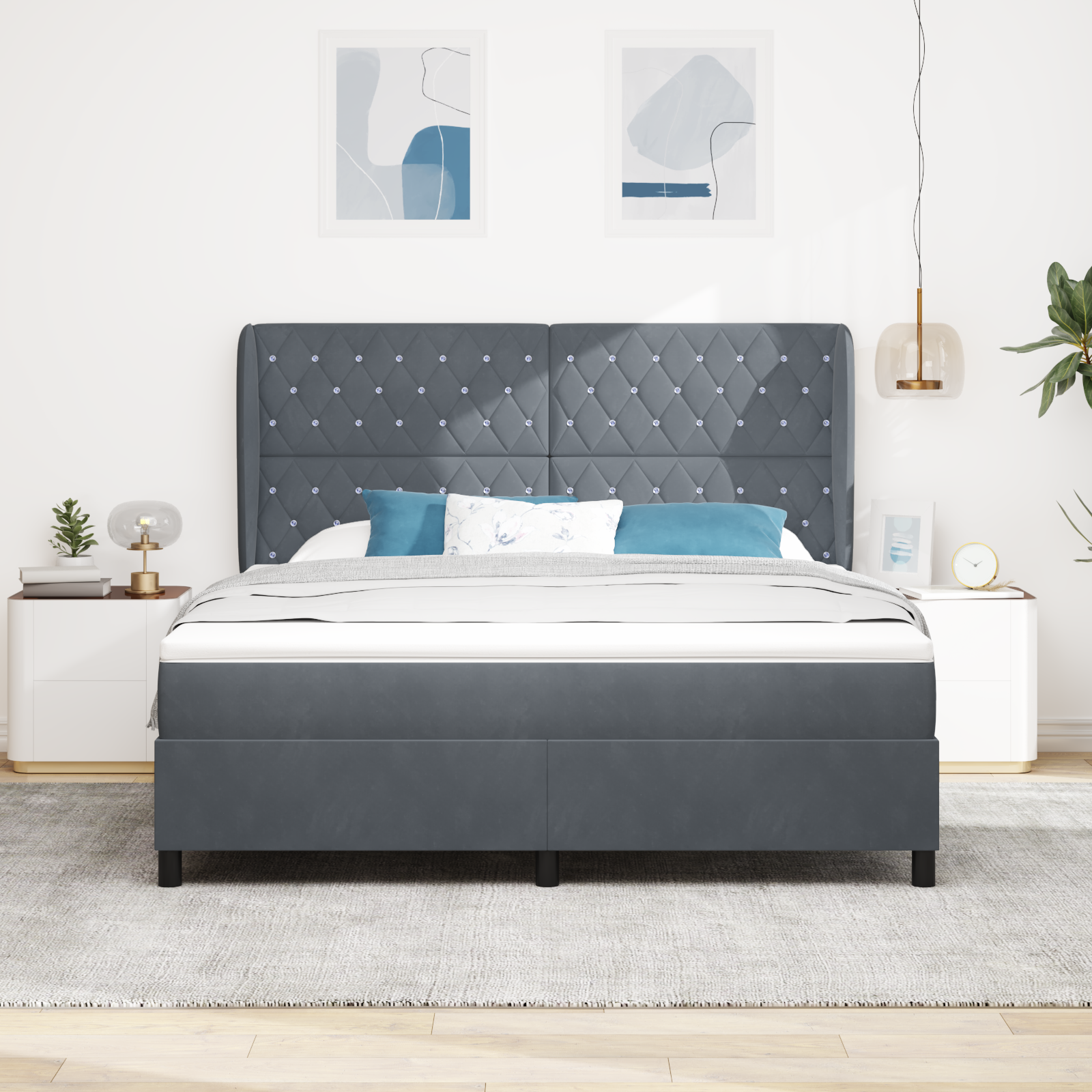vidaXL Pat cu arcuri cu saltea Gri închis 180 x 200 cm Catifea vidaXL Pat cu arcuri cu saltea Gri închis 180 x 200 cm Catifea
