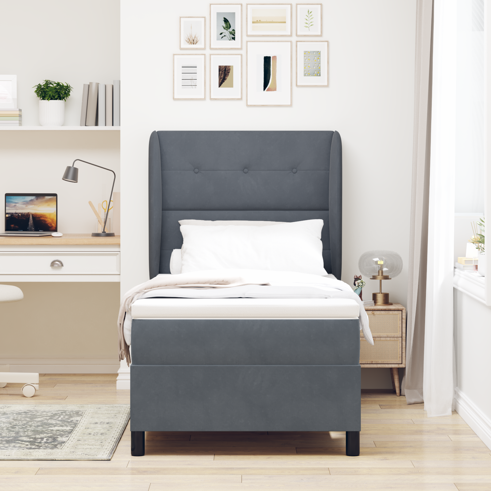 vidaXL Pat cu arcuri cu saltea Gri închis 90 x 190 cm Catifea vidaXL Pat cu arcuri cu saltea Gri închis 90 x 190 cm Catifea