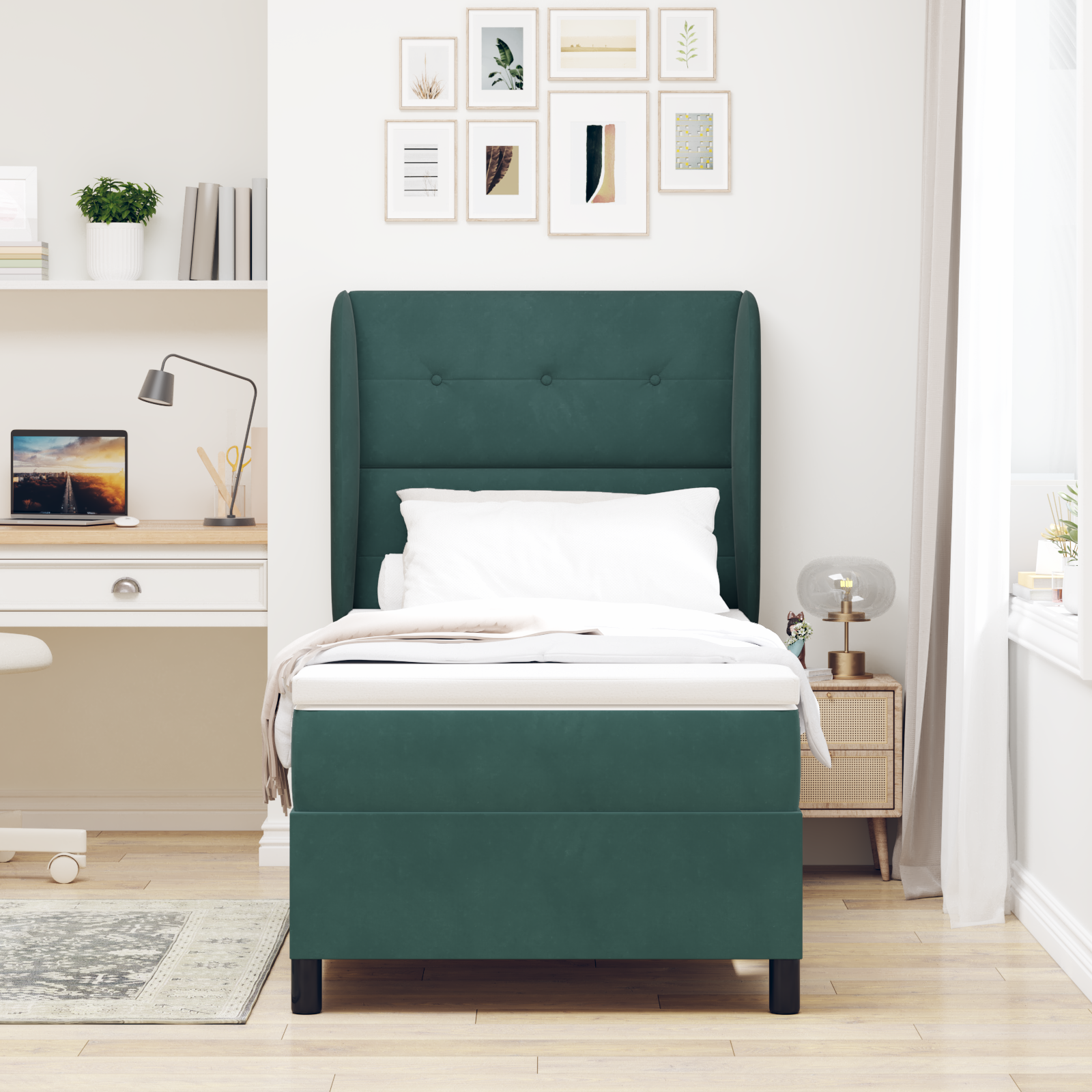 vidaXL Pat cu arcuri cu saltea Verde închis 90 x 200 cm Catifea vidaXL Pat cu arcuri cu saltea Verde închis 90 x 200 cm Catifea