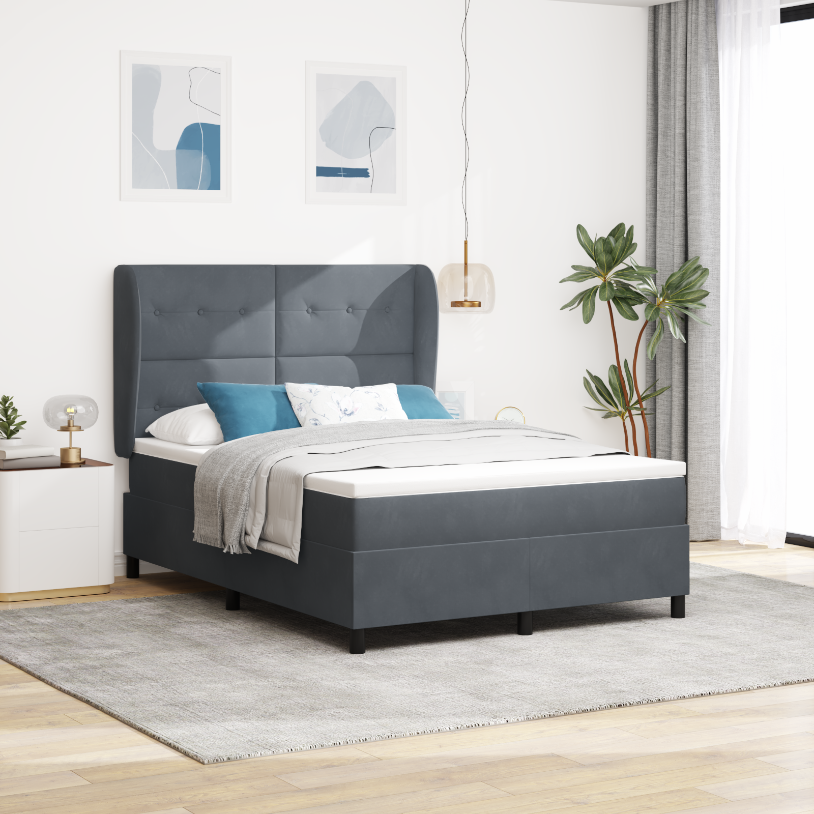 vidaXL Pat cu arcuri cu saltea Gri închis 160 x 200 cm Catifea vidaXL Pat cu arcuri cu saltea Gri închis 160 x 200 cm Catifea