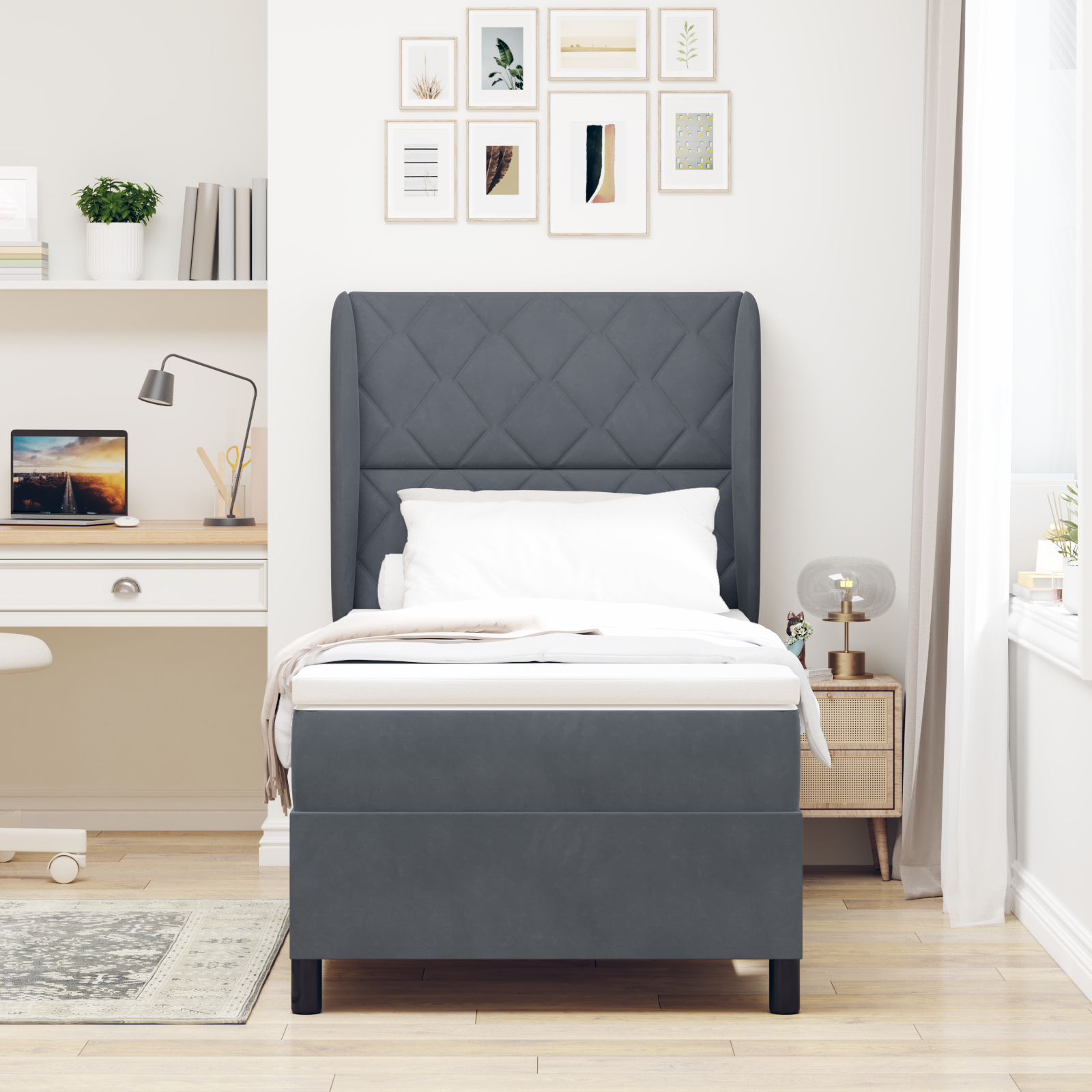 vidaXL Pat cu arcuri cu saltea Gri închis 90 x 190 cm Catifea vidaXL Pat cu arcuri cu saltea Gri închis 90 x 190 cm Catifea