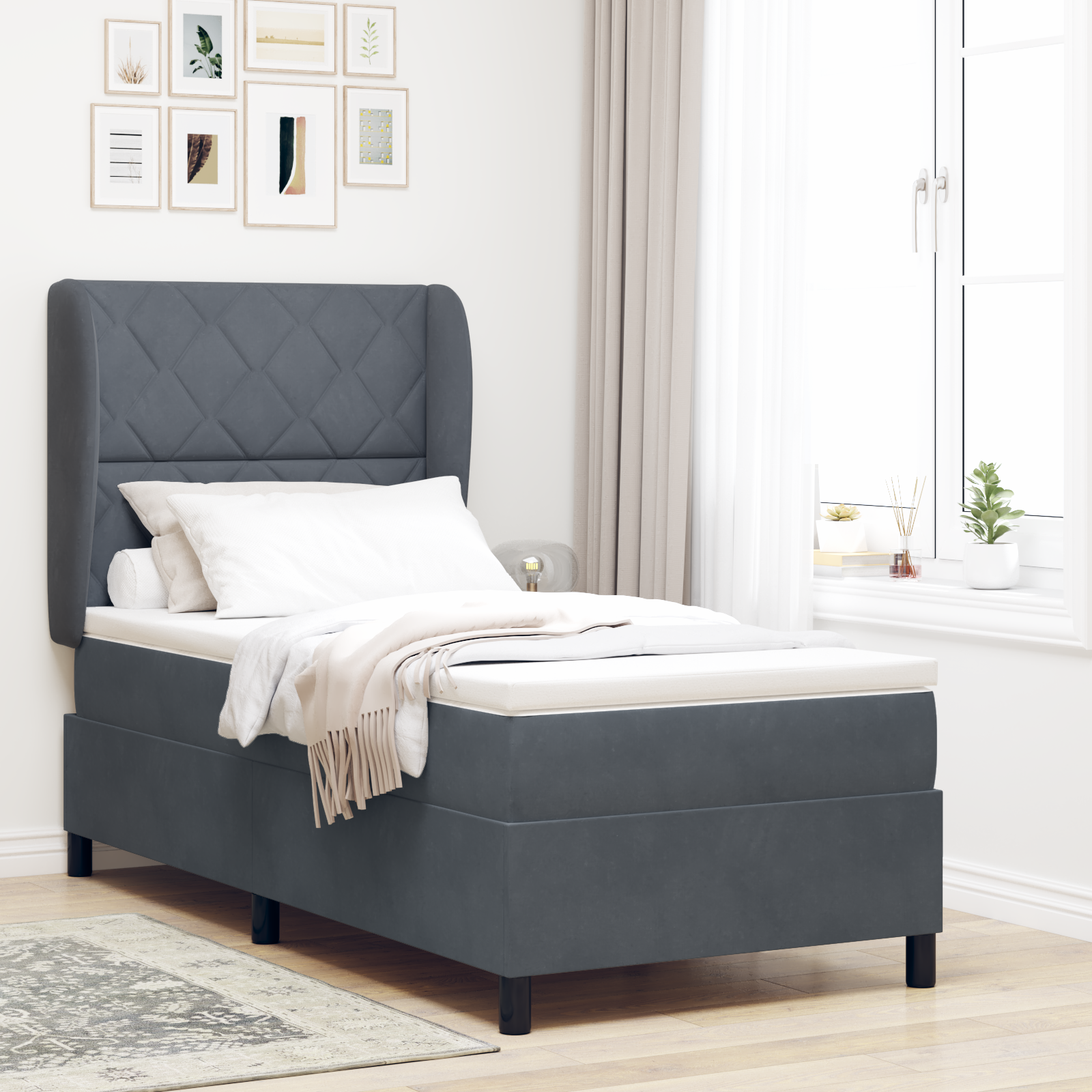 vidaXL Pat cu arcuri cu saltea Gri închis 90 x 190 cm Catifea vidaXL Pat cu arcuri cu saltea Gri închis 90 x 190 cm Catifea