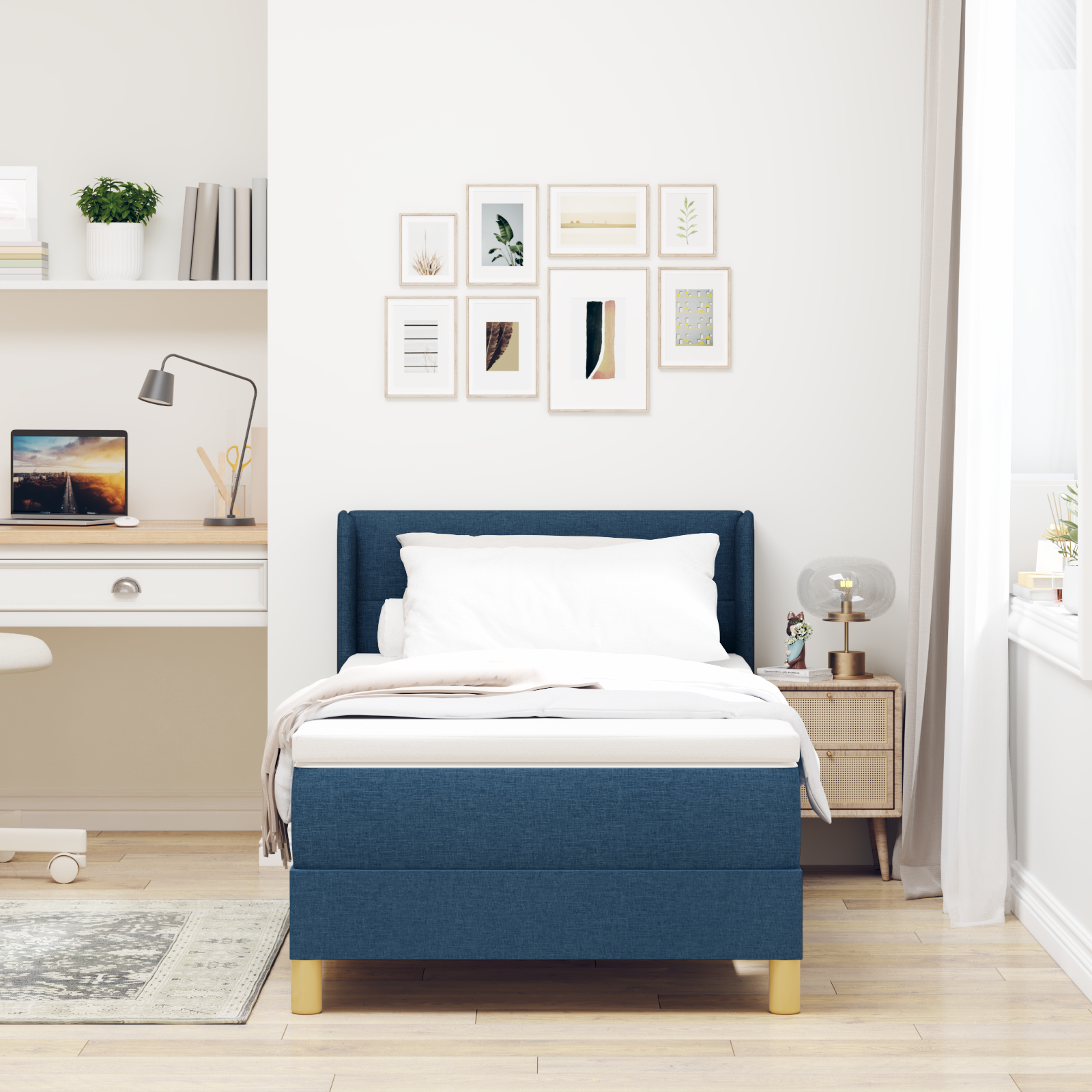 vidaXL Pat cu Saltea cu Arcuri cu saltea albastru 90 x 200 cm țesătură vidaXL Pat cu Saltea cu Arcuri cu saltea albastru 90 x 200 cm țesătură