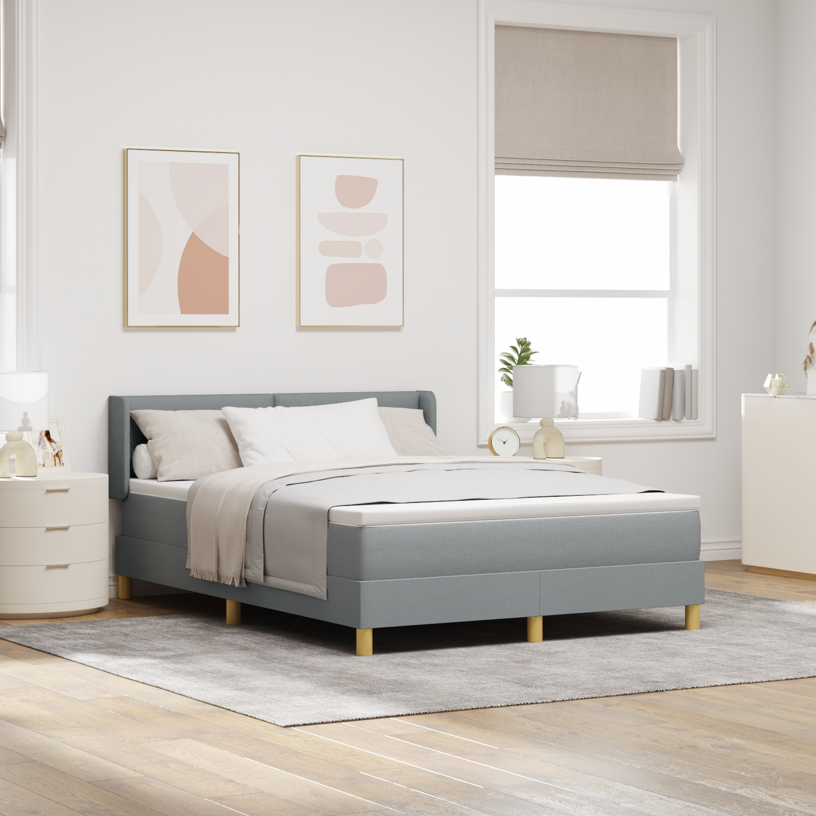 vidaXL Pat cu Saltea cu Arcuri Gri deschis 160 x 200 cm țesătură vidaXL Pat cu Saltea cu Arcuri Gri deschis 160 x 200 cm țesătură