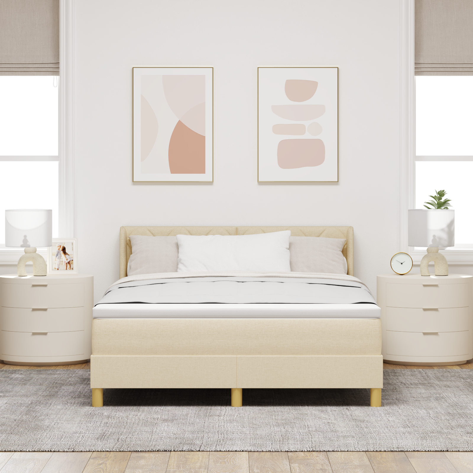 vidaXL Pat cu Saltea cu Arcuri cu saltea Crem 140 x 200 cm țesătură vidaXL Pat cu Saltea cu Arcuri cu saltea Crem 140 x 200 cm țesătură