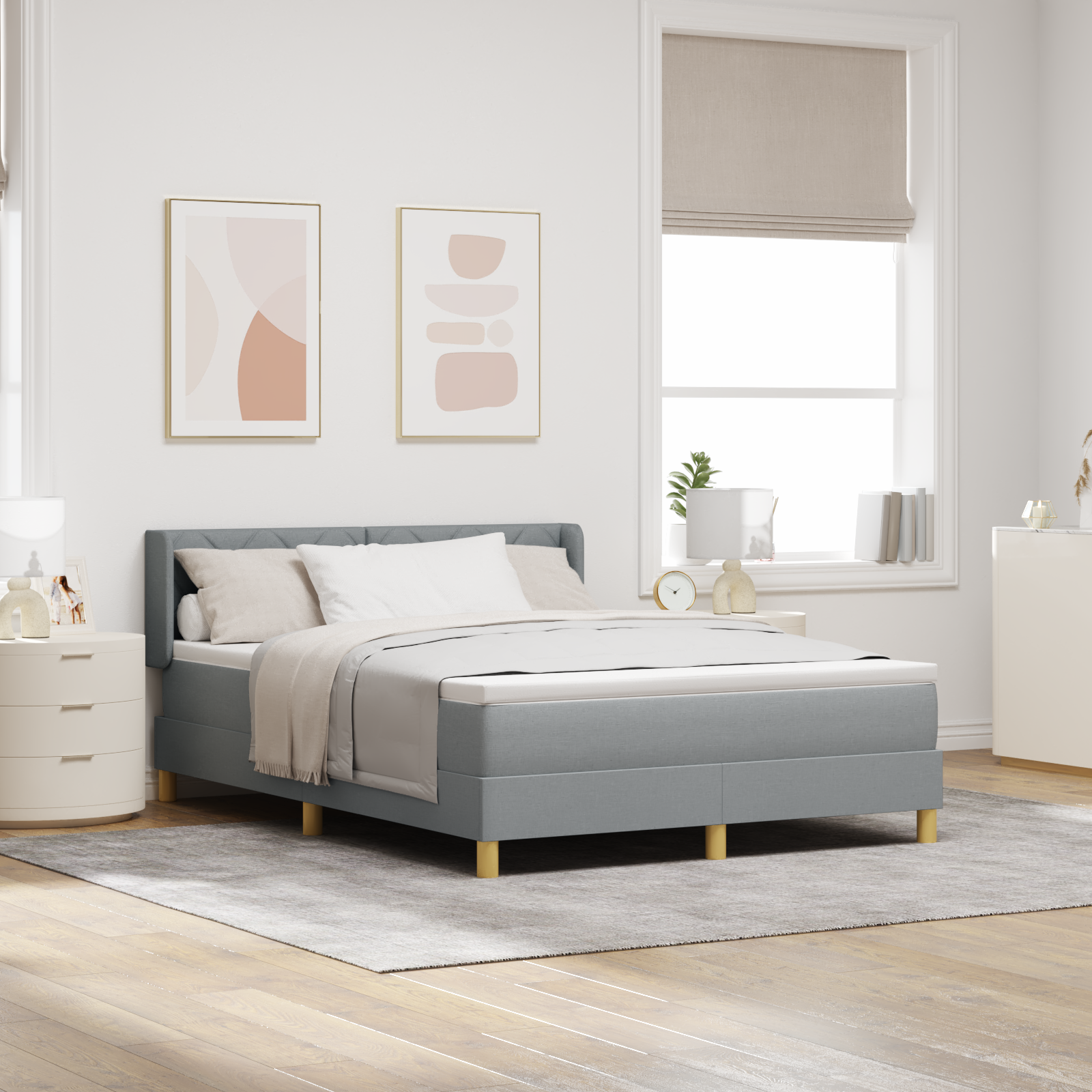vidaXL Pat cu Saltea cu Arcuri Gri deschis 160 x 200 cm țesătură vidaXL Pat cu Saltea cu Arcuri Gri deschis 160 x 200 cm țesătură