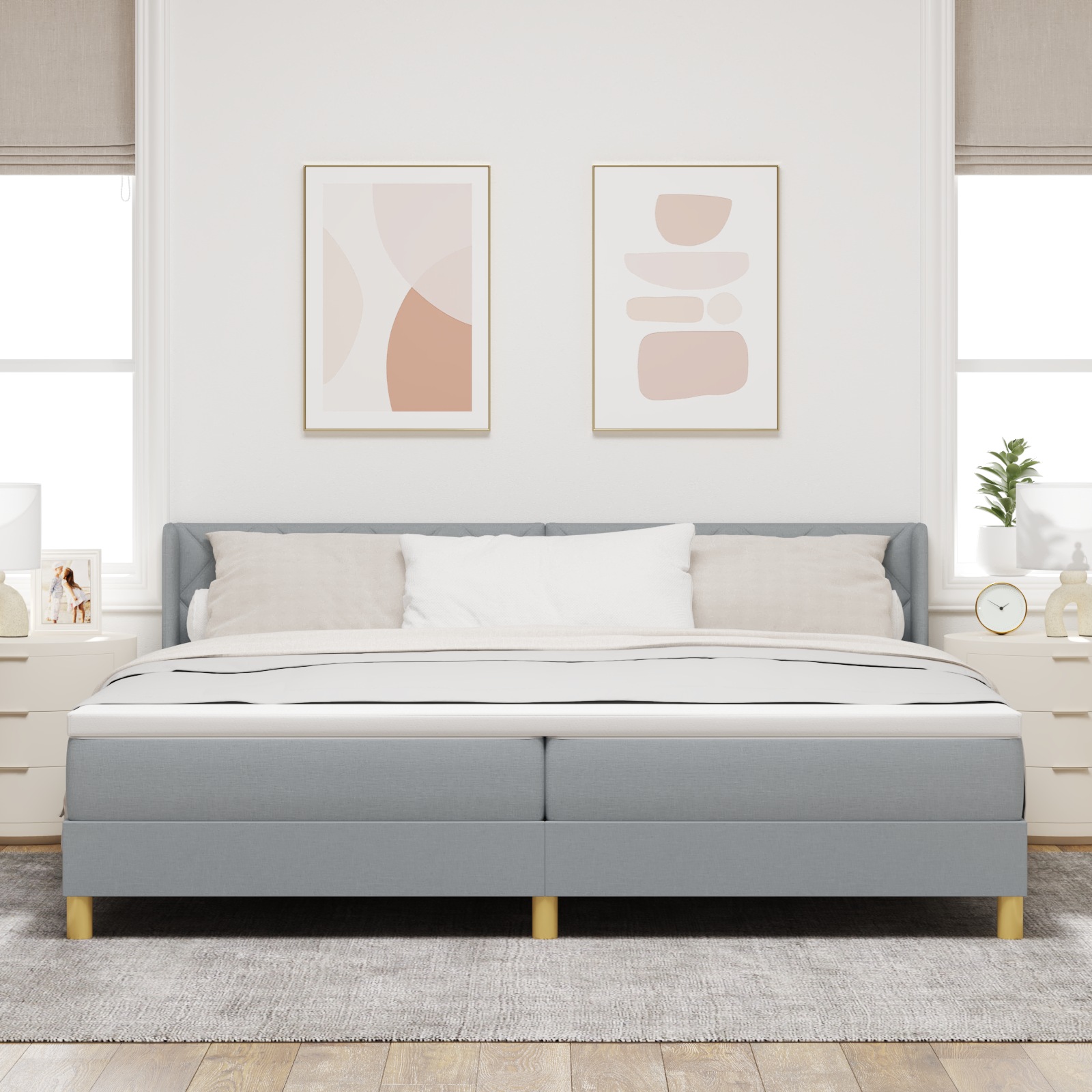 vidaXL Pat cu Saltea cu Arcuri Gri deschis 200 x 200 cm țesătură vidaXL Pat cu Saltea cu Arcuri Gri deschis 200 x 200 cm țesătură