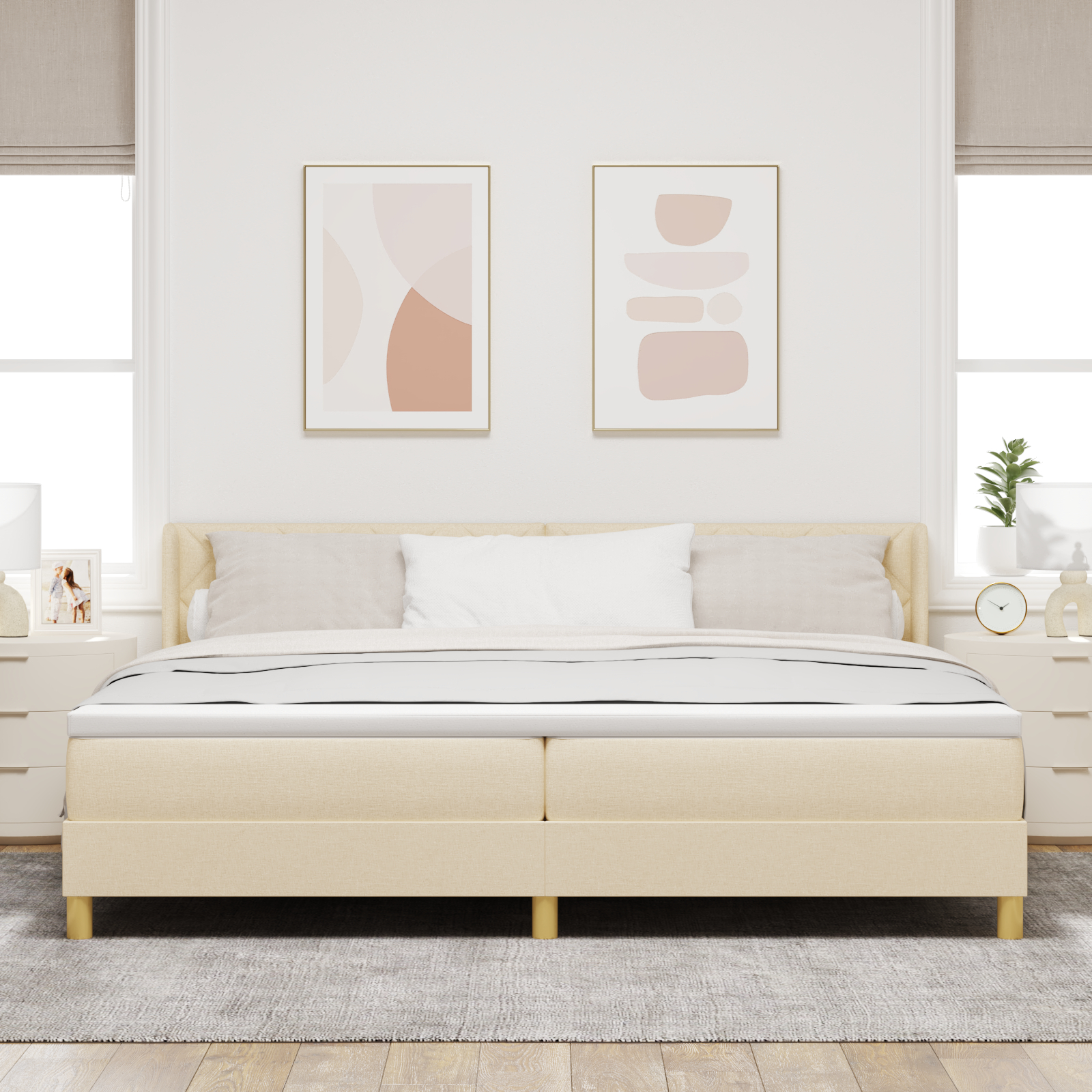 vidaXL Pat cu Saltea cu Arcuri cu saltea Crem 200 x 200 cm țesătură vidaXL Pat cu Saltea cu Arcuri cu saltea Crem 200 x 200 cm țesătură
