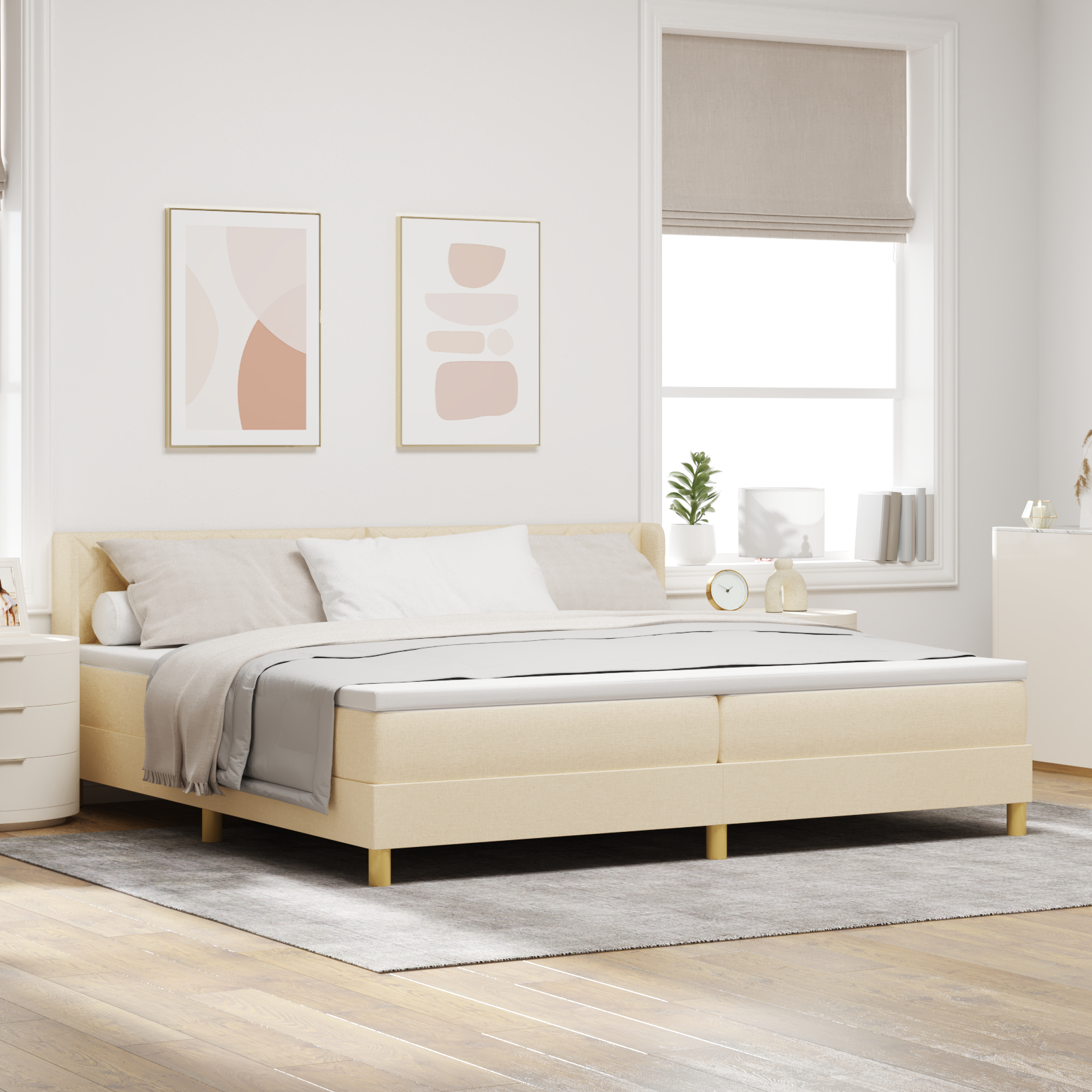 vidaXL Pat cu Saltea cu Arcuri cu saltea Crem 200 x 200 cm țesătură vidaXL Pat cu Saltea cu Arcuri cu saltea Crem 200 x 200 cm țesătură