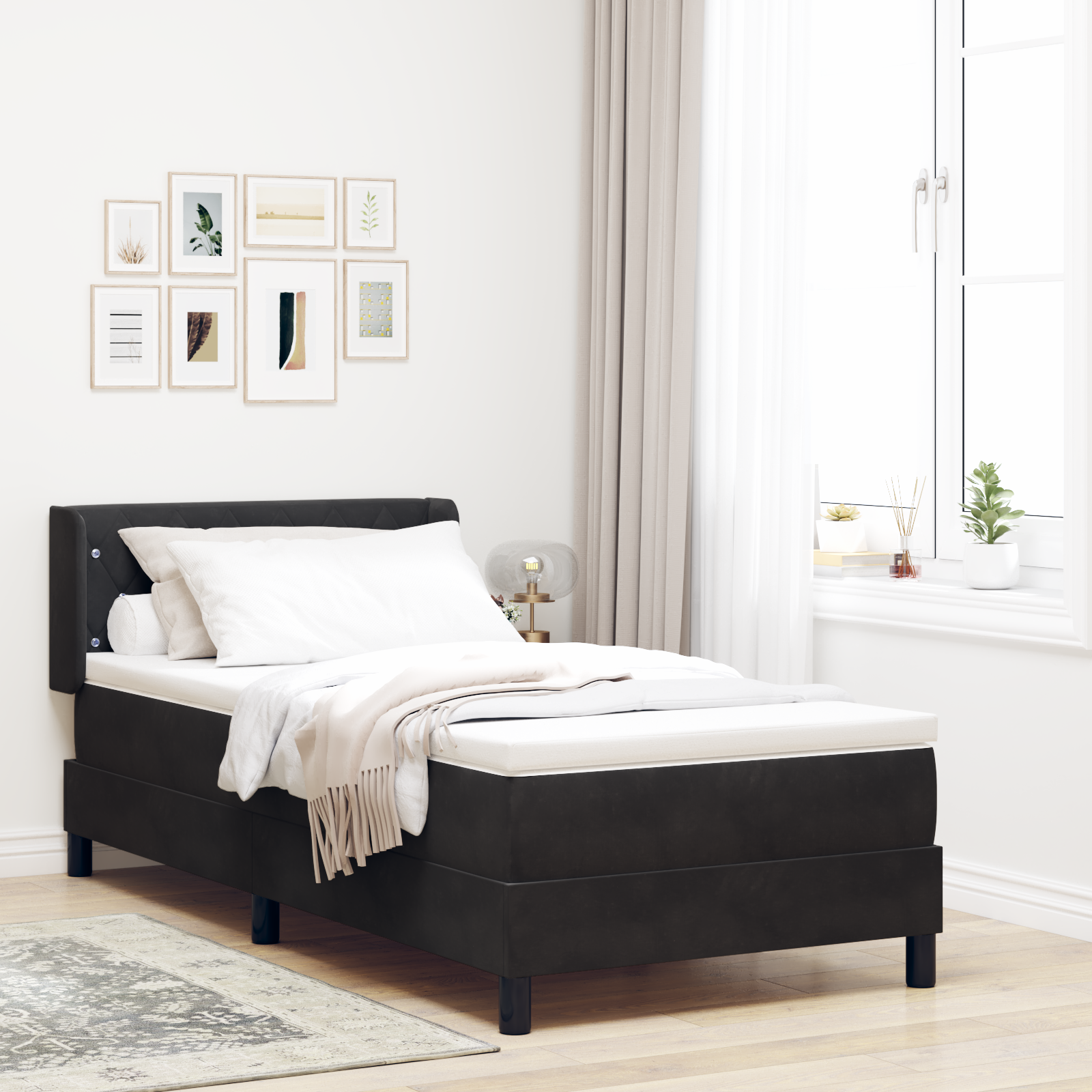 vidaXL Pat cu Saltea cu Arcuri Negru 100x200 cm Catifea Negru