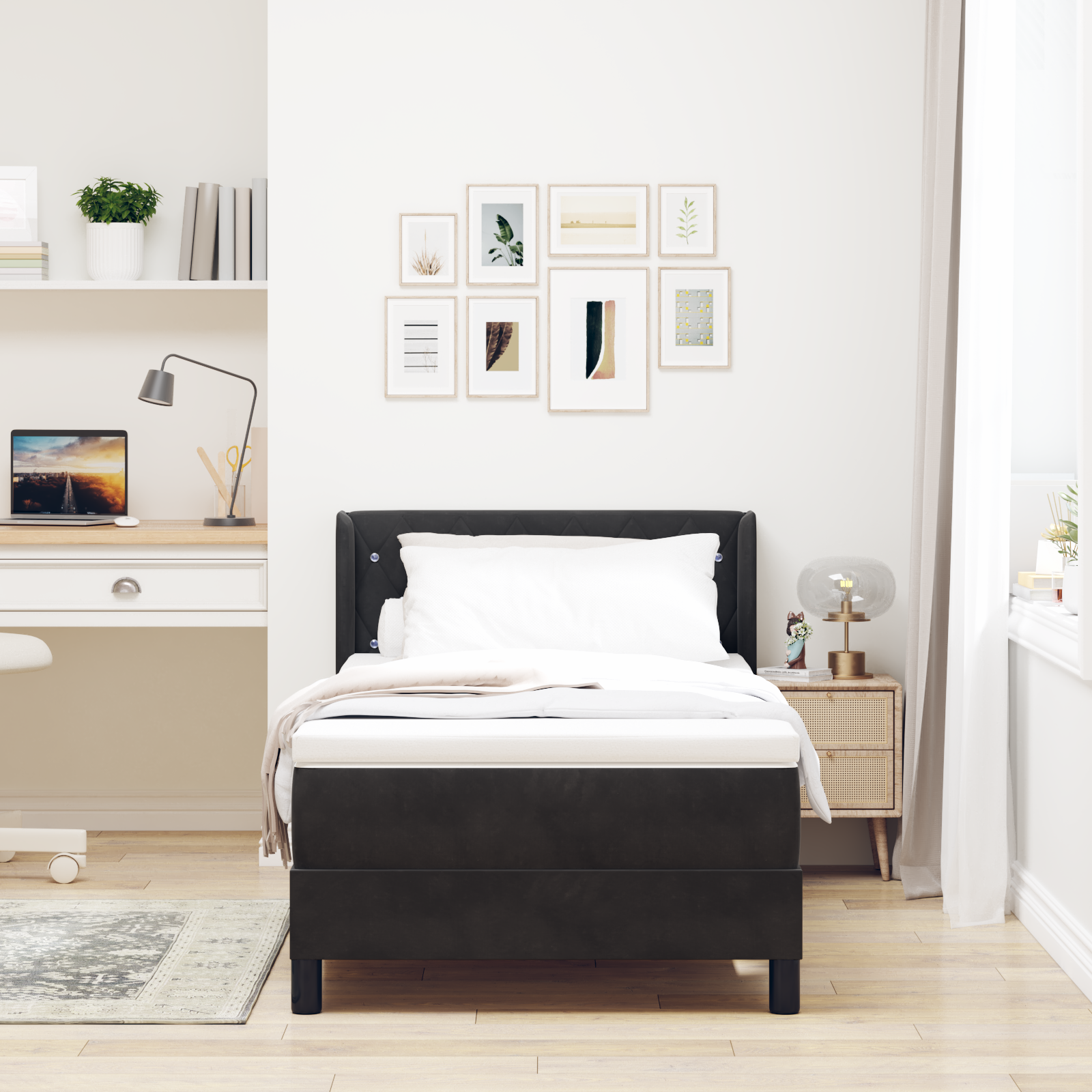 vidaXL Pat cu Saltea cu Arcuri Negru 100x200 cm Catifea Negru