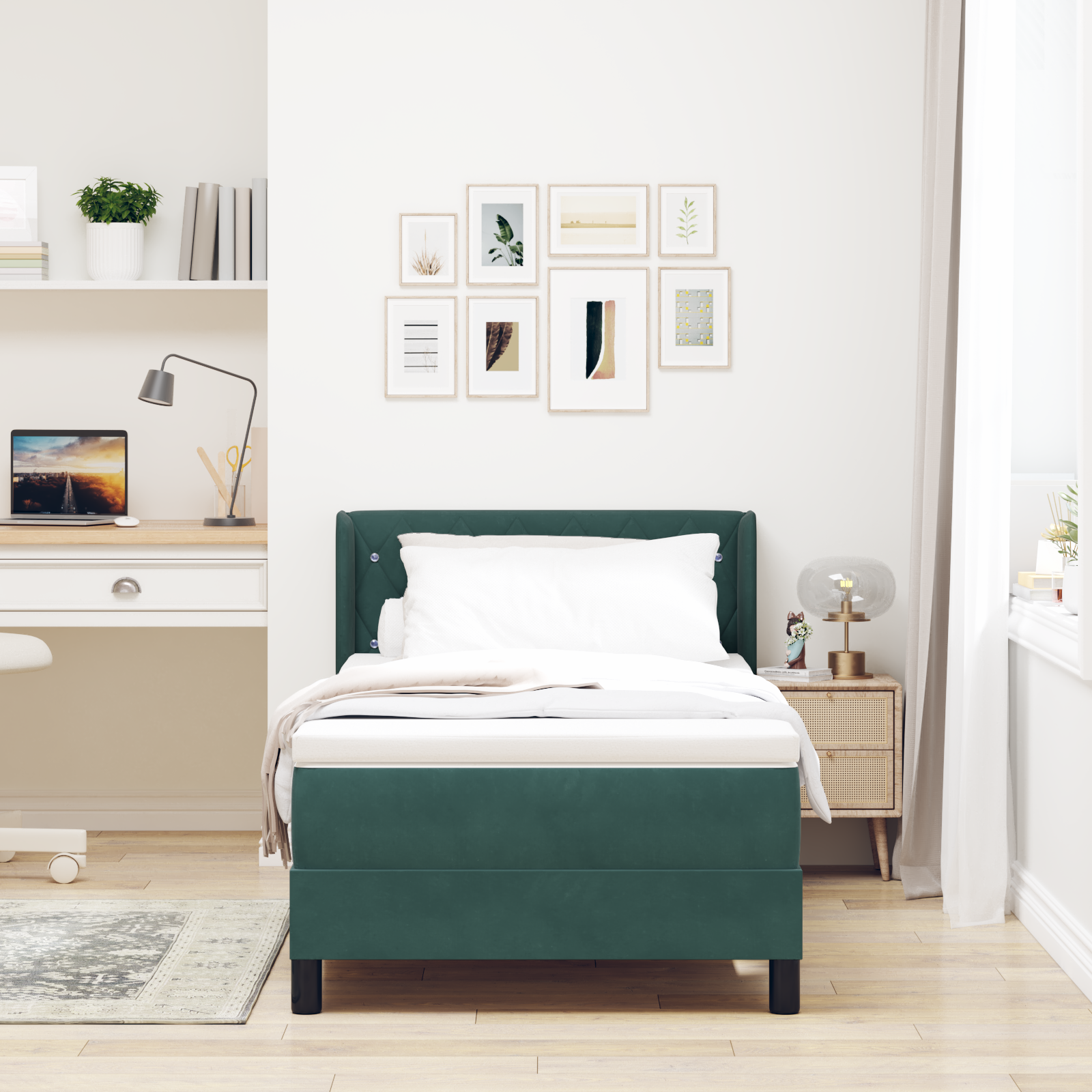 vidaXL Pat cu Saltea cu Arcuri Negru 100x200 cm Catifea Verde închis