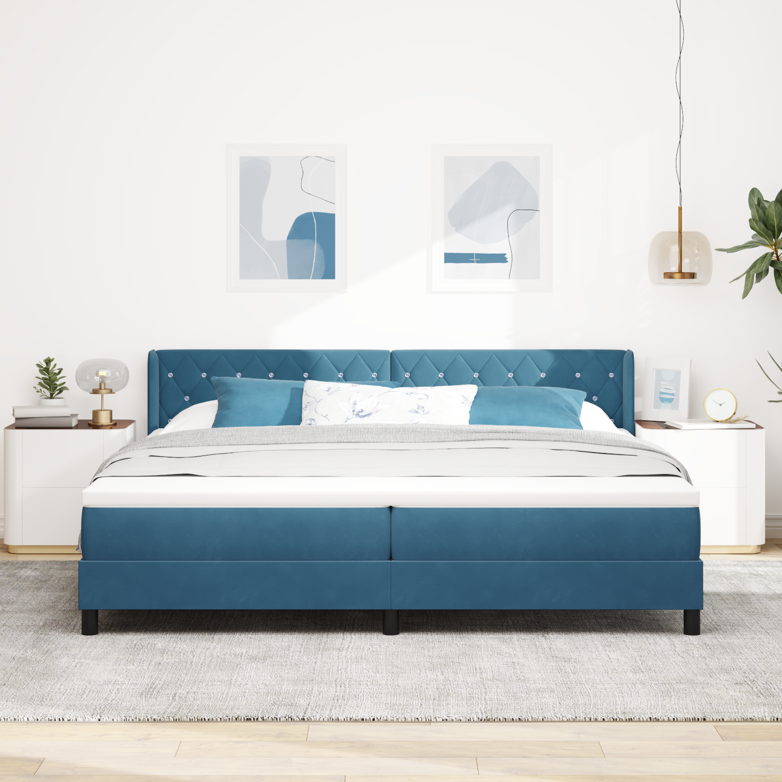 Pat cu saltea Box Spring vidaXL Albastru întunecat 200x200 cm Catifea Pat cu saltea Box Spring vidaXL Albastru întunecat 200x200 cm Catifea