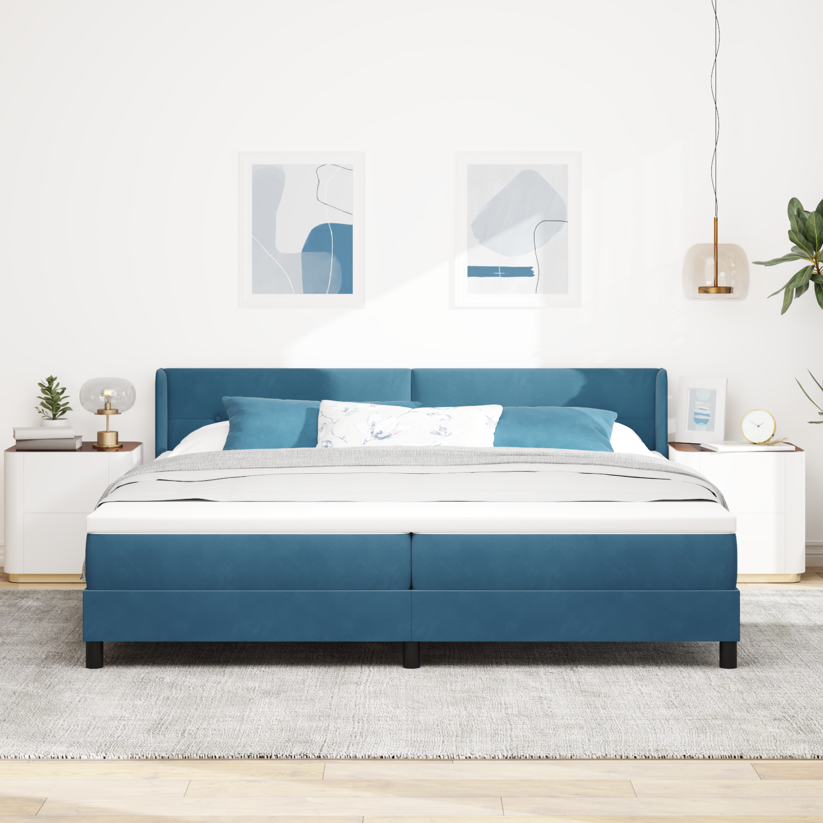 Pat box spring vidaXL cu saltea albastră închisă 200x200 cm din catifea Pat box spring vidaXL cu saltea albastră închisă 200x200 cm din catifea