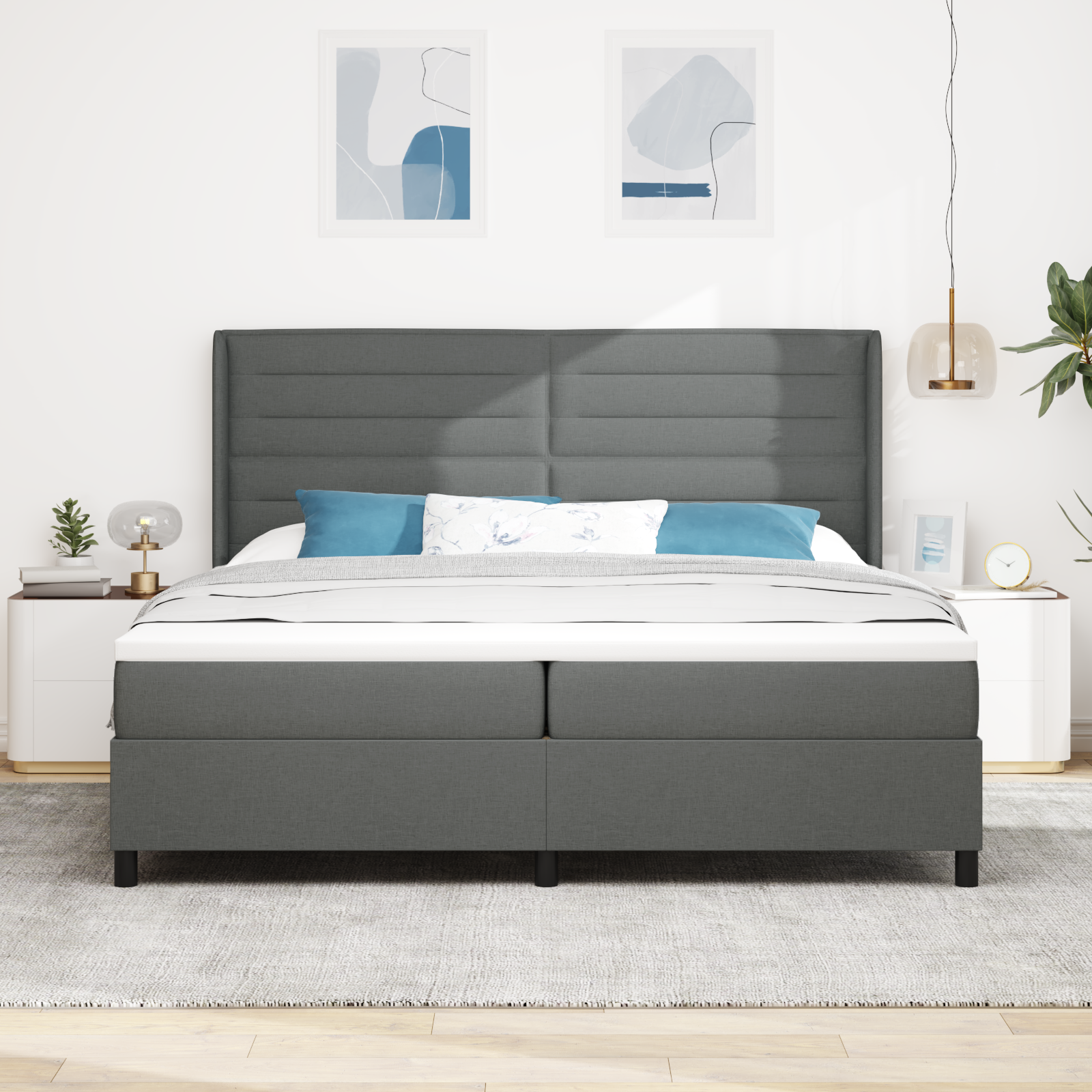 vidaXL Pat cu arcuri cu saltea Gri închis 200 x 200 cm țesătură vidaXL Pat cu arcuri cu saltea Gri închis 200 x 200 cm țesătură