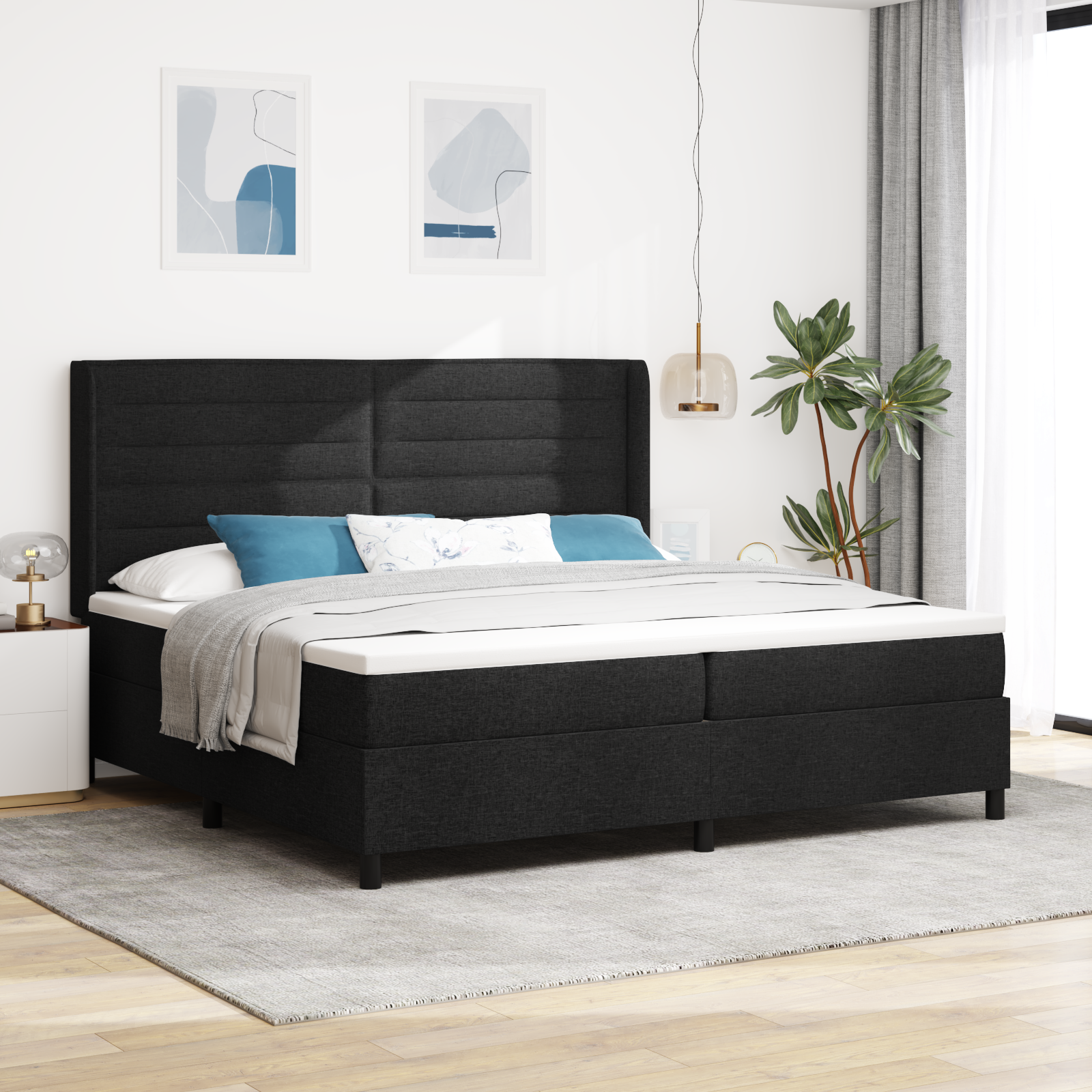 vidaXL Pat cu arcuri cu saltea Negru 200 x 200 cm țesătură vidaXL Pat cu arcuri cu saltea Negru 200 x 200 cm țesătură