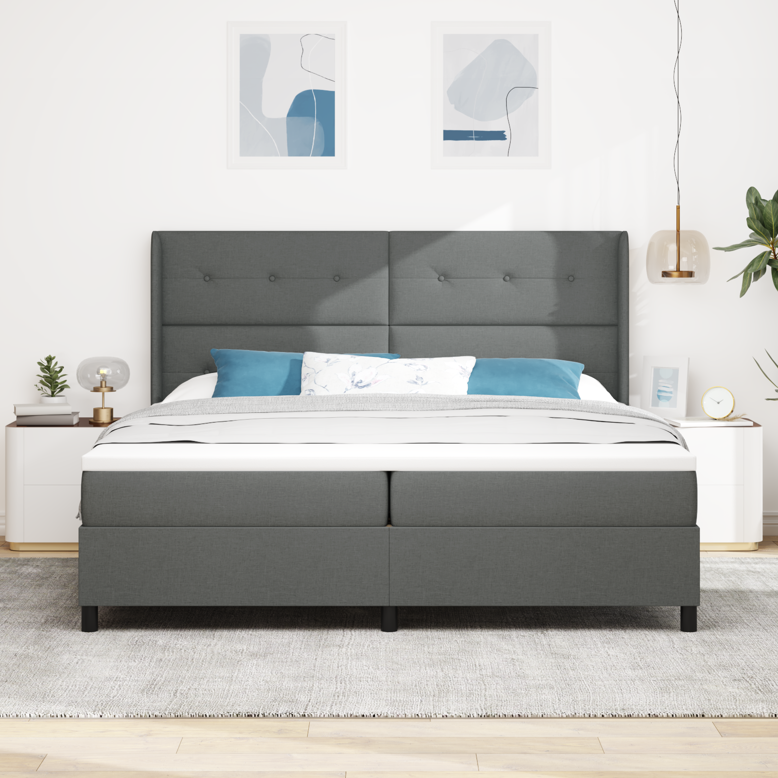 vidaXL Pat cu arcuri cu saltea Gri închis 200 x 200 cm țesătură vidaXL Pat cu arcuri cu saltea Gri închis 200 x 200 cm țesătură