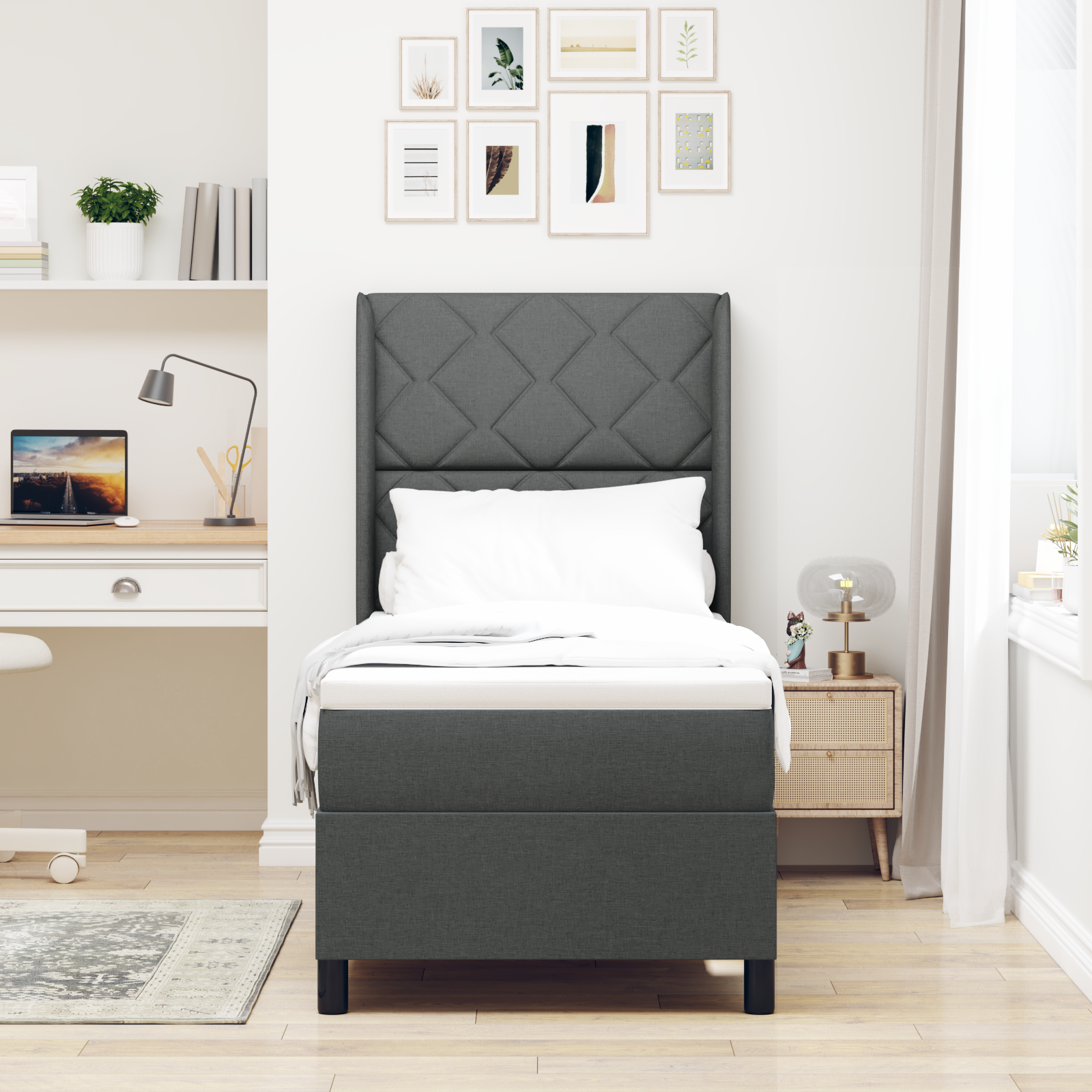 vidaXL Pat cu arcuri cu saltea Gri închis 90 x 190 cm țesătură vidaXL Pat cu arcuri cu saltea Gri închis 90 x 190 cm țesătură
