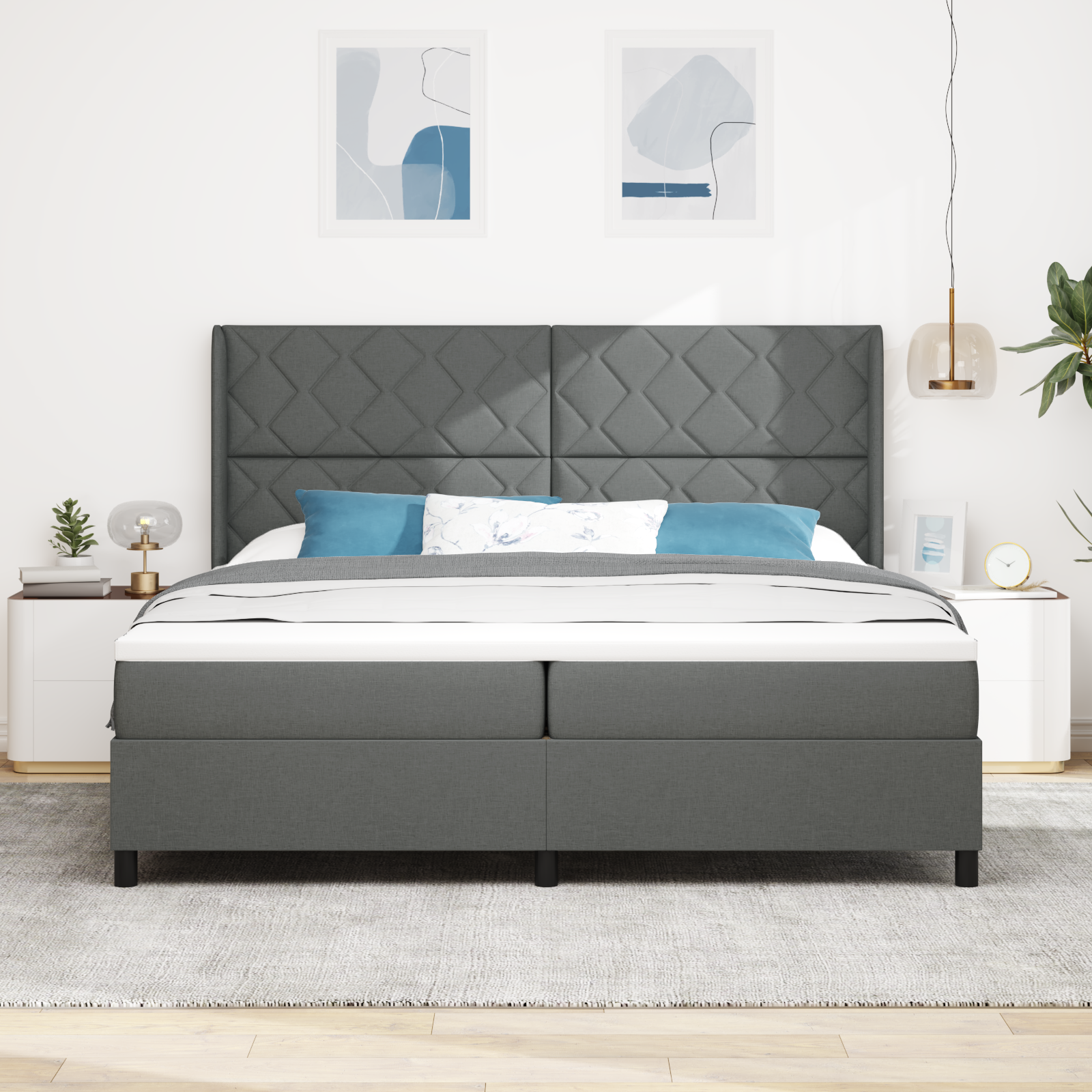 vidaXL Pat cu arcuri cu saltea Gri închis 200 x 200 cm țesătură vidaXL Pat cu arcuri cu saltea Gri închis 200 x 200 cm țesătură