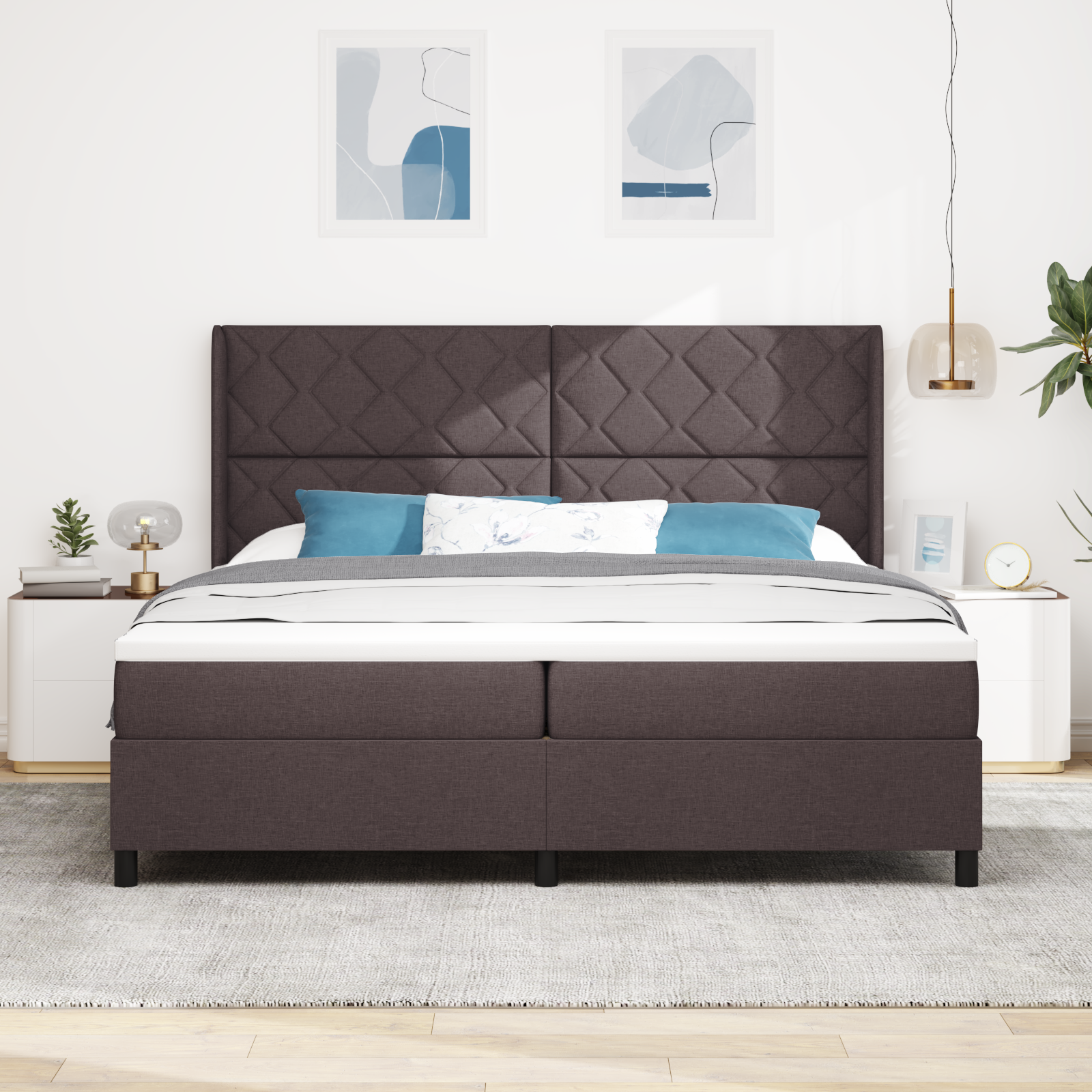 vidaXL Pat cu arcuri cu saltea Maro închis 200 x 200 cm țesătură vidaXL Pat cu arcuri cu saltea Maro închis 200 x 200 cm țesătură