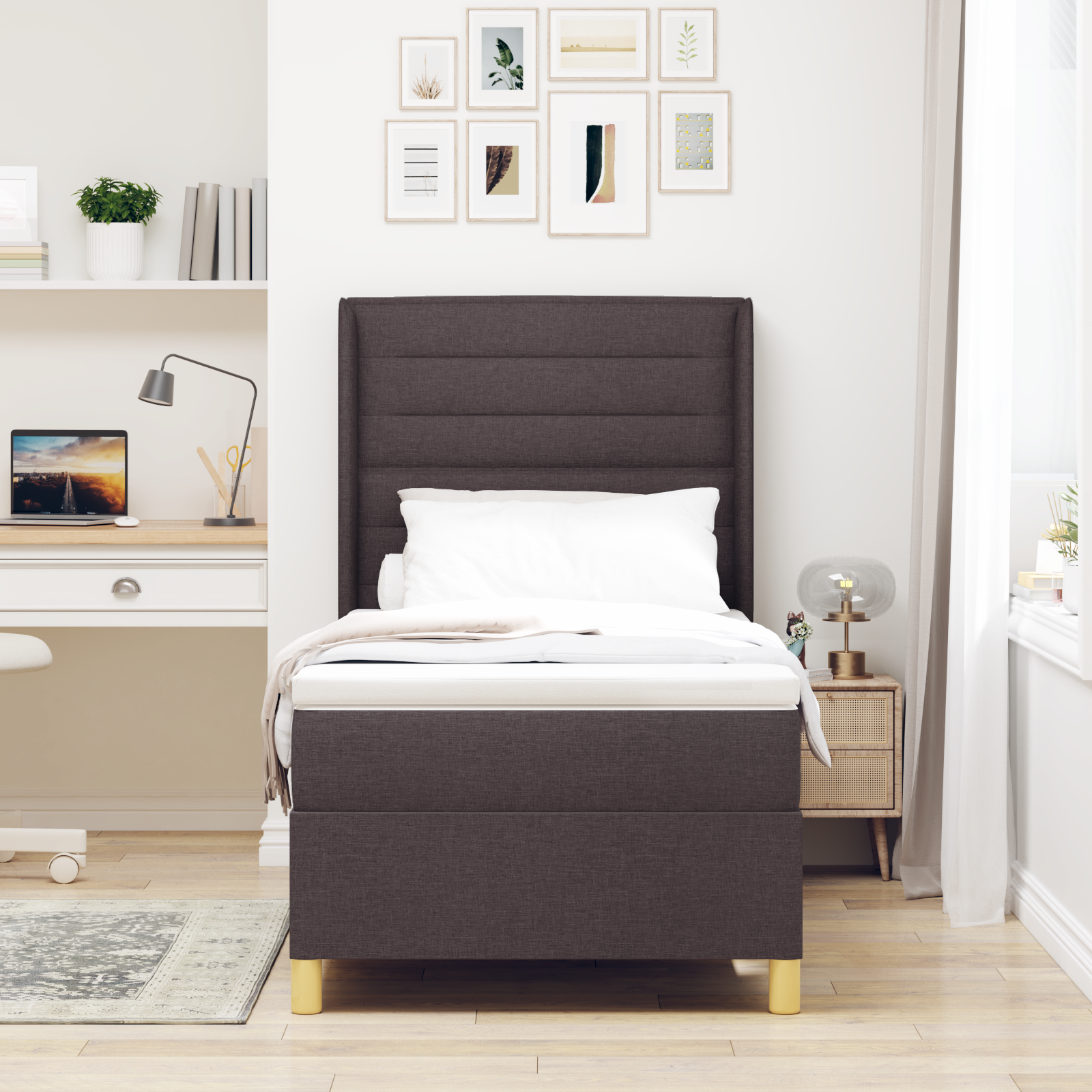 vidaXL Pat cu saltea cu arcuri Maro închis 90 x 200 cm țesătură