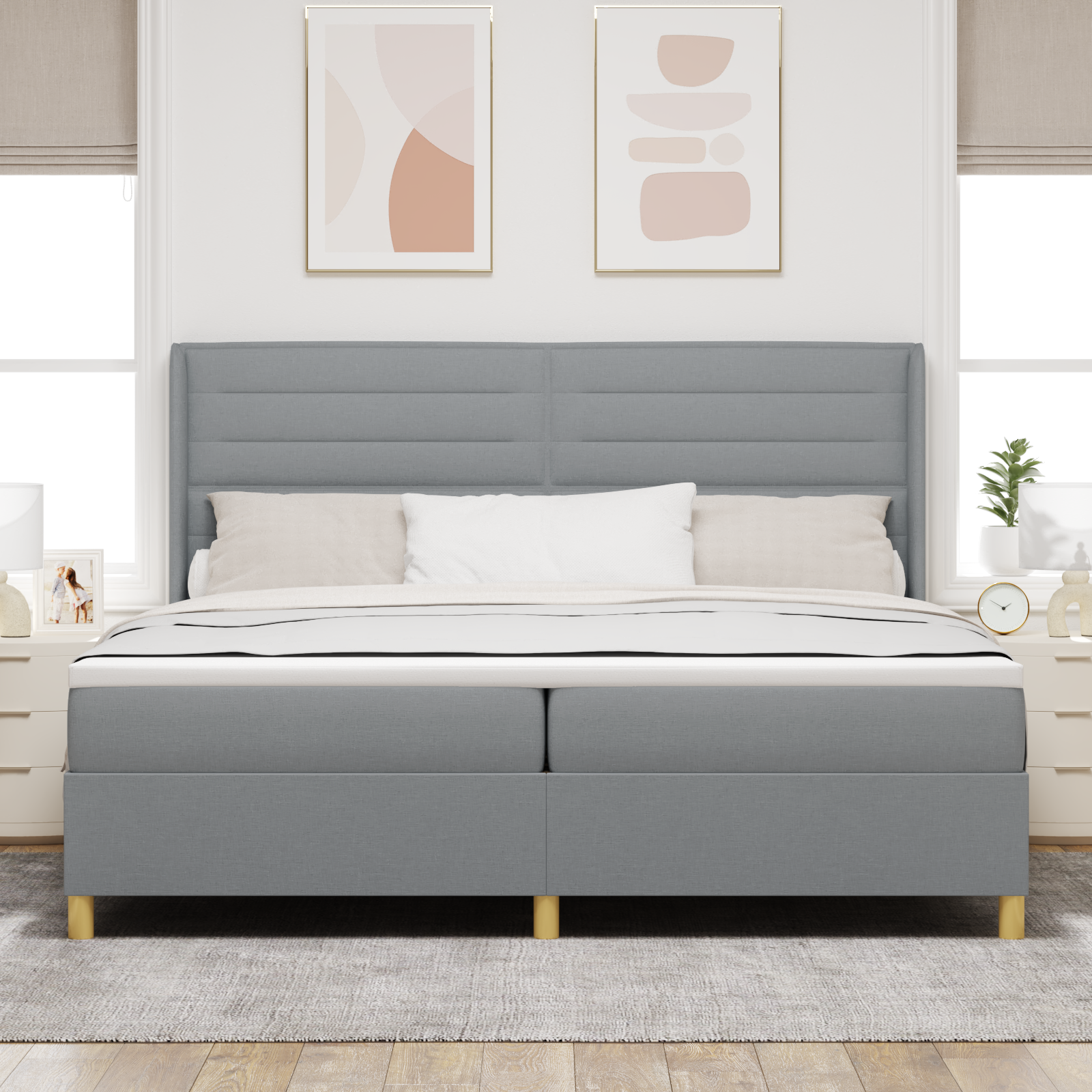 vidaXL Pat cu saltea cu arcuri Gri deschis 200 x 200 cm țesătură vidaXL Pat cu saltea cu arcuri Gri deschis 200 x 200 cm țesătură