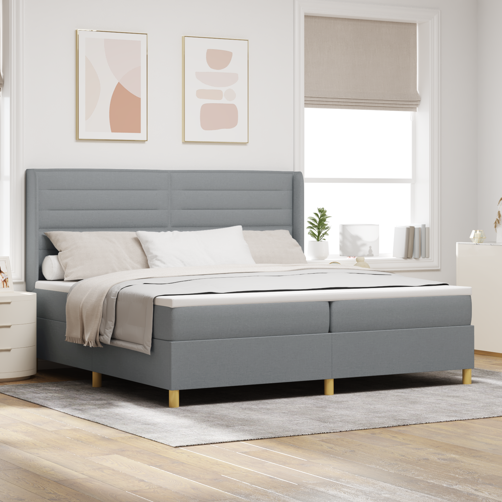 vidaXL Pat cu saltea cu arcuri Gri deschis 200 x 200 cm țesătură vidaXL Pat cu saltea cu arcuri Gri deschis 200 x 200 cm țesătură