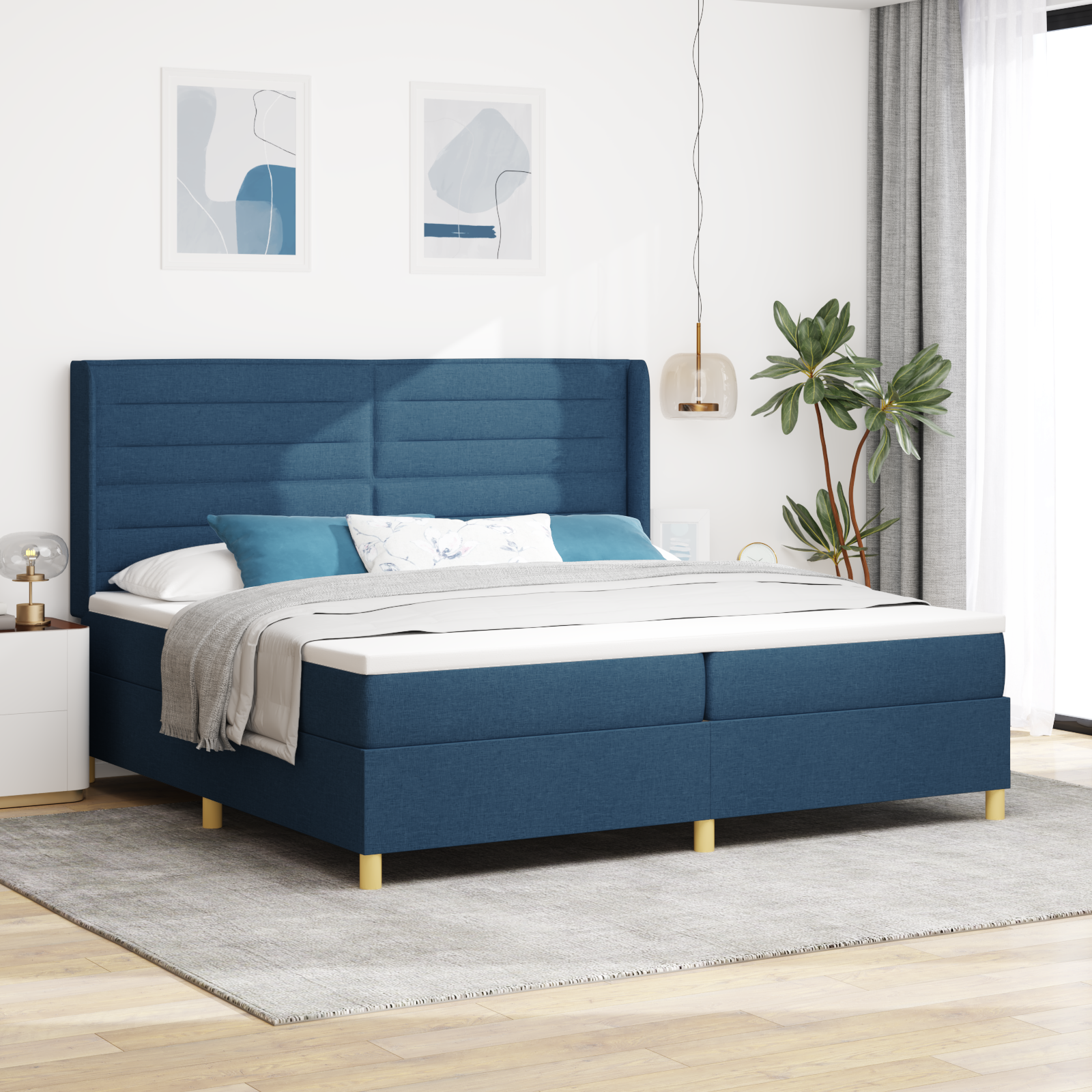 vidaXL Pat cu saltea cu arcuri albastru 200 x 200 cm țesătură