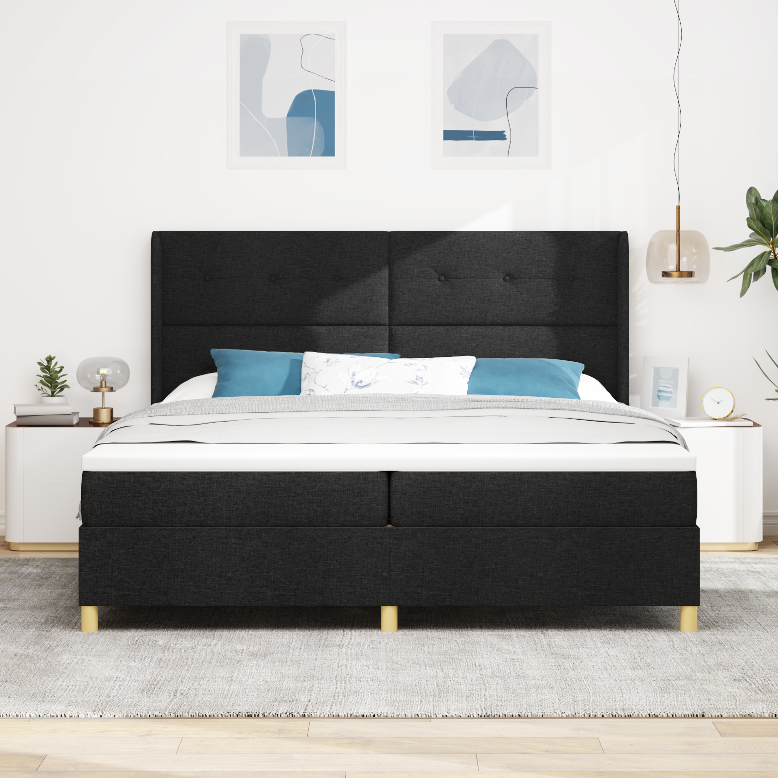 vidaXL Pat cu saltea cu arcuri cu saltea Negru 200 x 200 cm țesătură vidaXL Pat cu saltea cu arcuri cu saltea Negru 200 x 200 cm țesătură