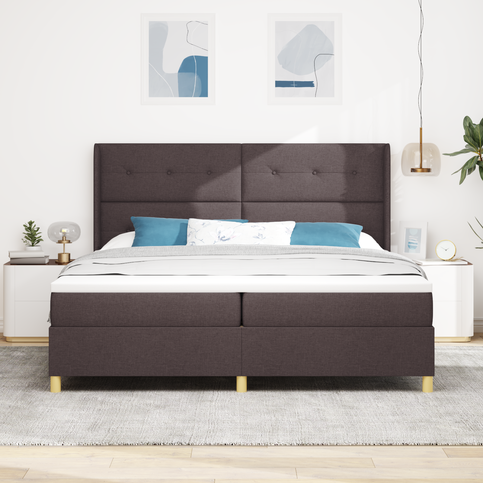 vidaXL Pat cu saltea cu arcuri Maro închis 200 x 200 cm țesătură vidaXL Pat cu saltea cu arcuri Maro închis 200 x 200 cm țesătură