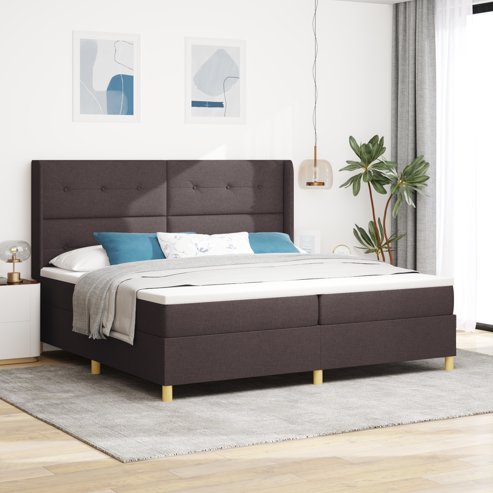 vidaXL Pat cu saltea cu arcuri Maro închis 200 x 200 cm țesătură vidaXL Pat cu saltea cu arcuri Maro închis 200 x 200 cm țesătură