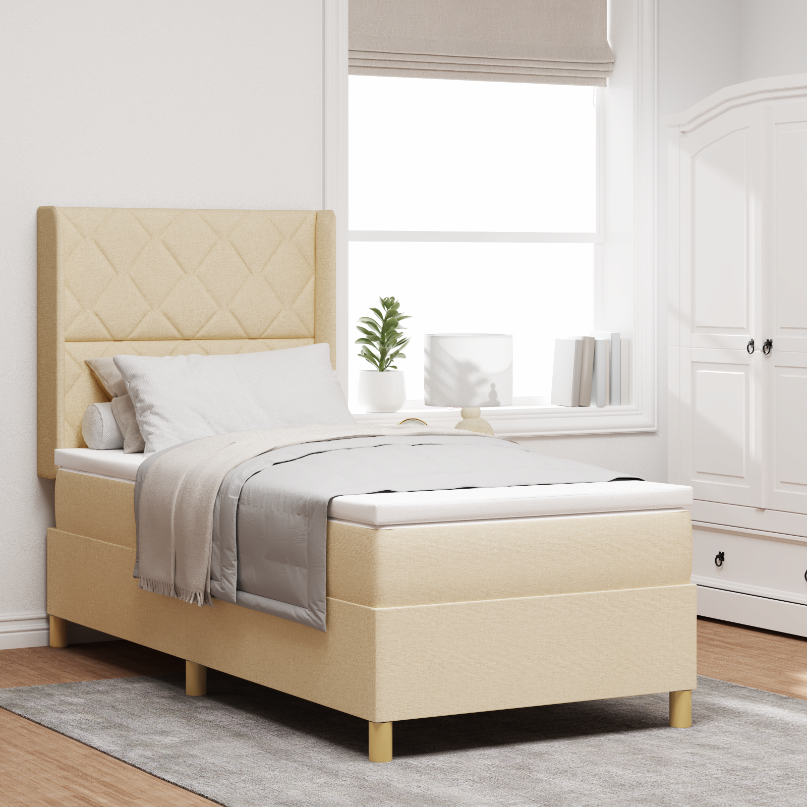 vidaXL Pat cu saltea cu arcuri cu saltea Crem 90 x 190 cm țesătură vidaXL Pat cu saltea cu arcuri cu saltea Crem 90 x 190 cm țesătură