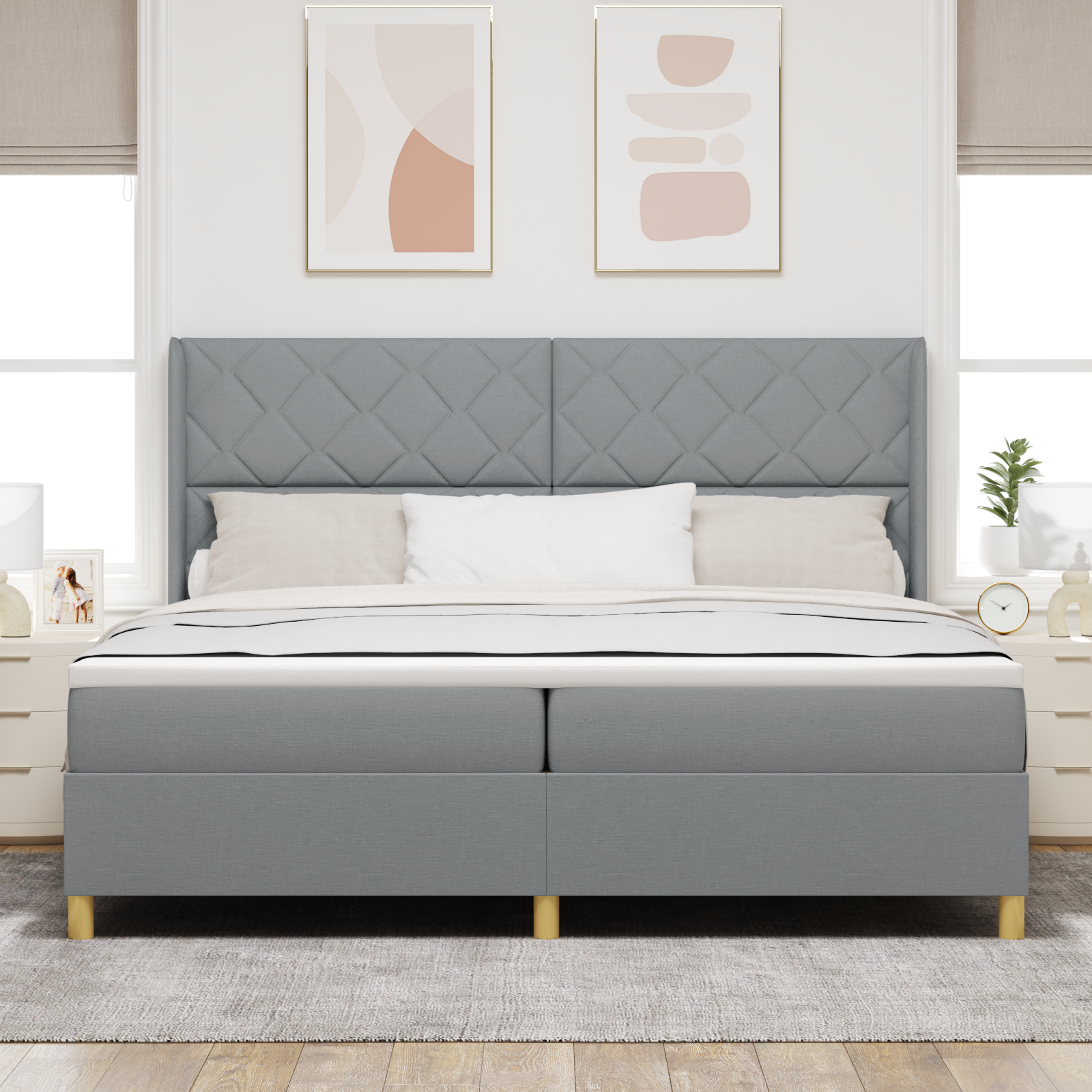 vidaXL Pat cu saltea cu arcuri Gri deschis 200 x 200 cm țesătură vidaXL Pat cu saltea cu arcuri Gri deschis 200 x 200 cm țesătură