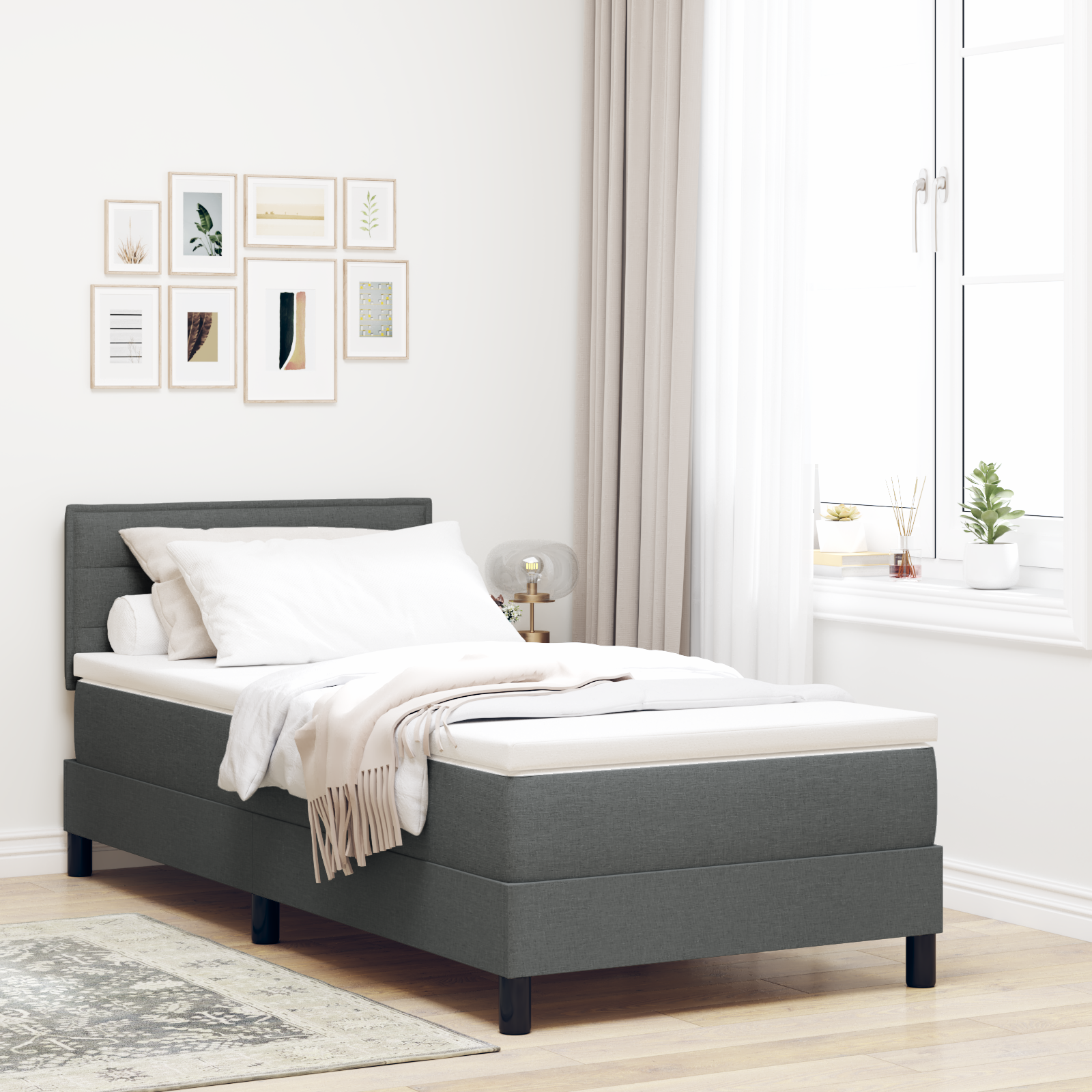 vidaXL Pat cu arcuri cu saltea Gri închis 90 x 200 cm țesătură vidaXL Pat cu arcuri cu saltea Gri închis 90 x 200 cm țesătură
