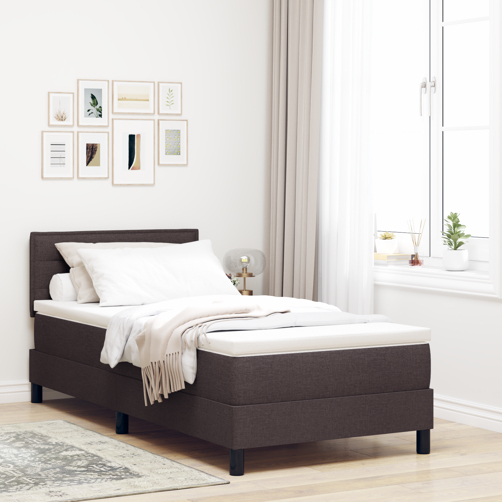 vidaXL Pat cu arcuri cu saltea Maro închis 90 x 200 cm țesătură vidaXL Pat cu arcuri cu saltea Maro închis 90 x 200 cm țesătură