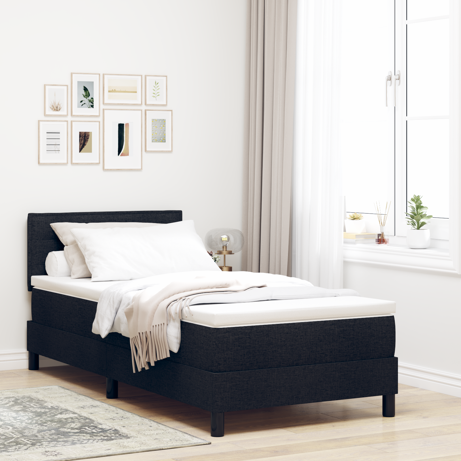 vidaXL Pat cu arcuri cu saltea Negru 100 x 200 cm țesătură vidaXL Pat cu arcuri cu saltea Negru 100 x 200 cm țesătură