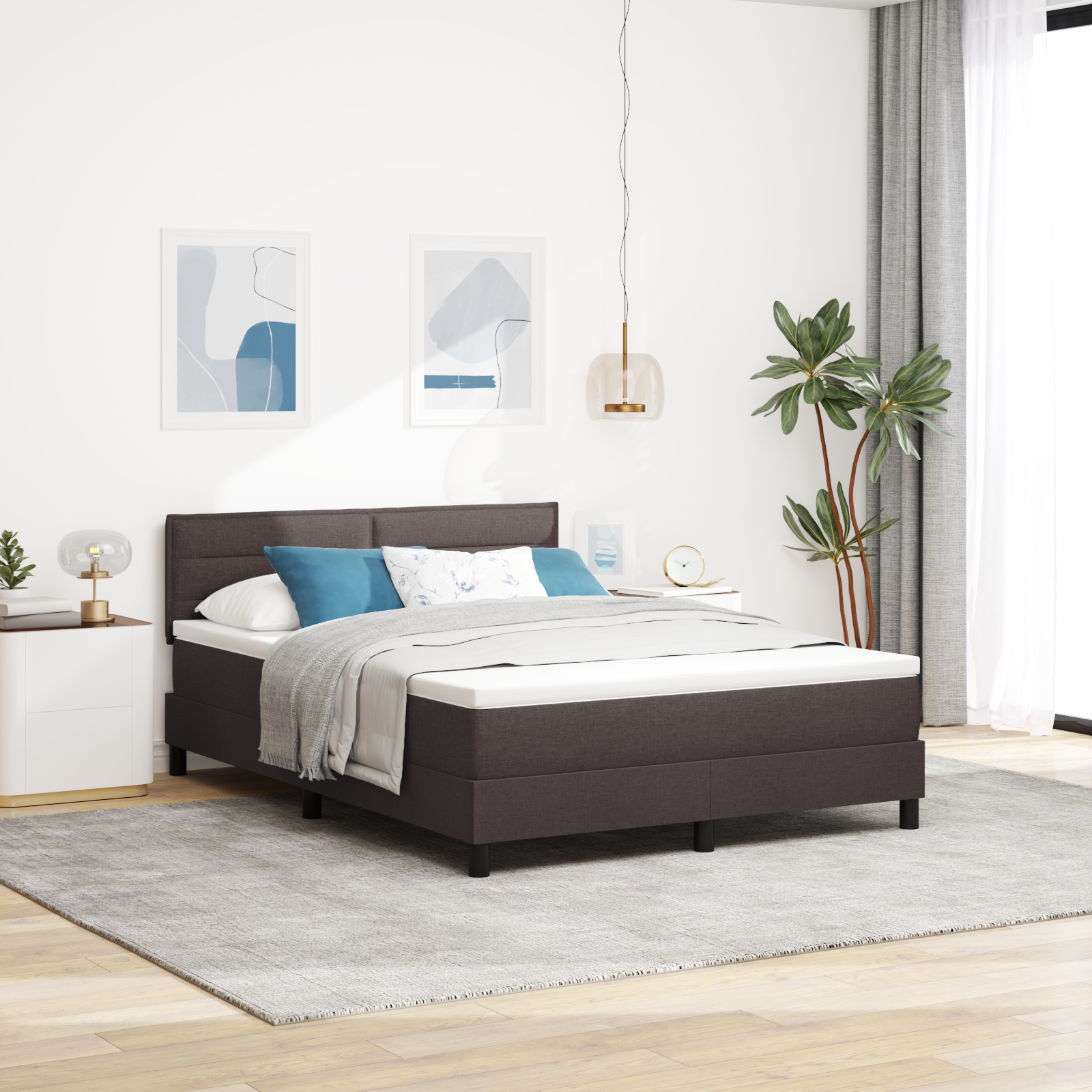 vidaXL Pat cu arcuri cu saltea Maro închis 160 x 200 cm țesătură vidaXL Pat cu arcuri cu saltea Maro închis 160 x 200 cm țesătură