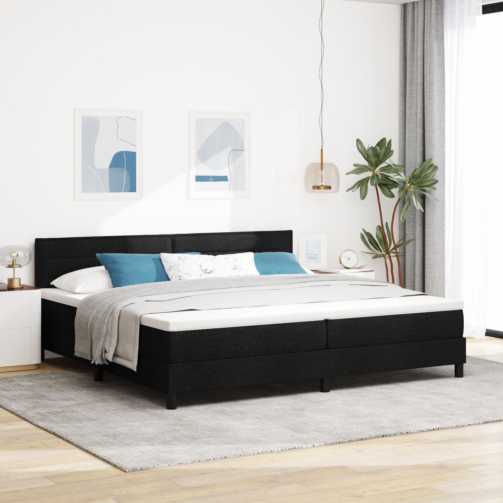 vidaXL Pat cu arcuri cu saltea Negru 200 x 200 cm țesătură vidaXL Pat cu arcuri cu saltea Negru 200 x 200 cm țesătură
