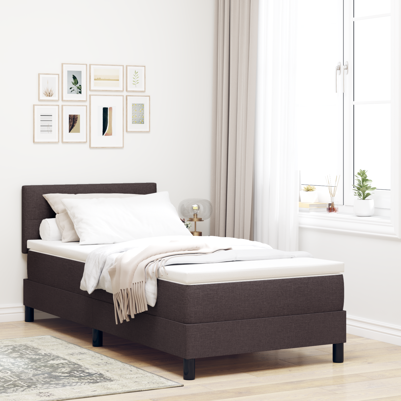vidaXL Pat cu arcuri cu saltea Maro închis 90 x 200 cm țesătură vidaXL Pat cu arcuri cu saltea Maro închis 90 x 200 cm țesătură