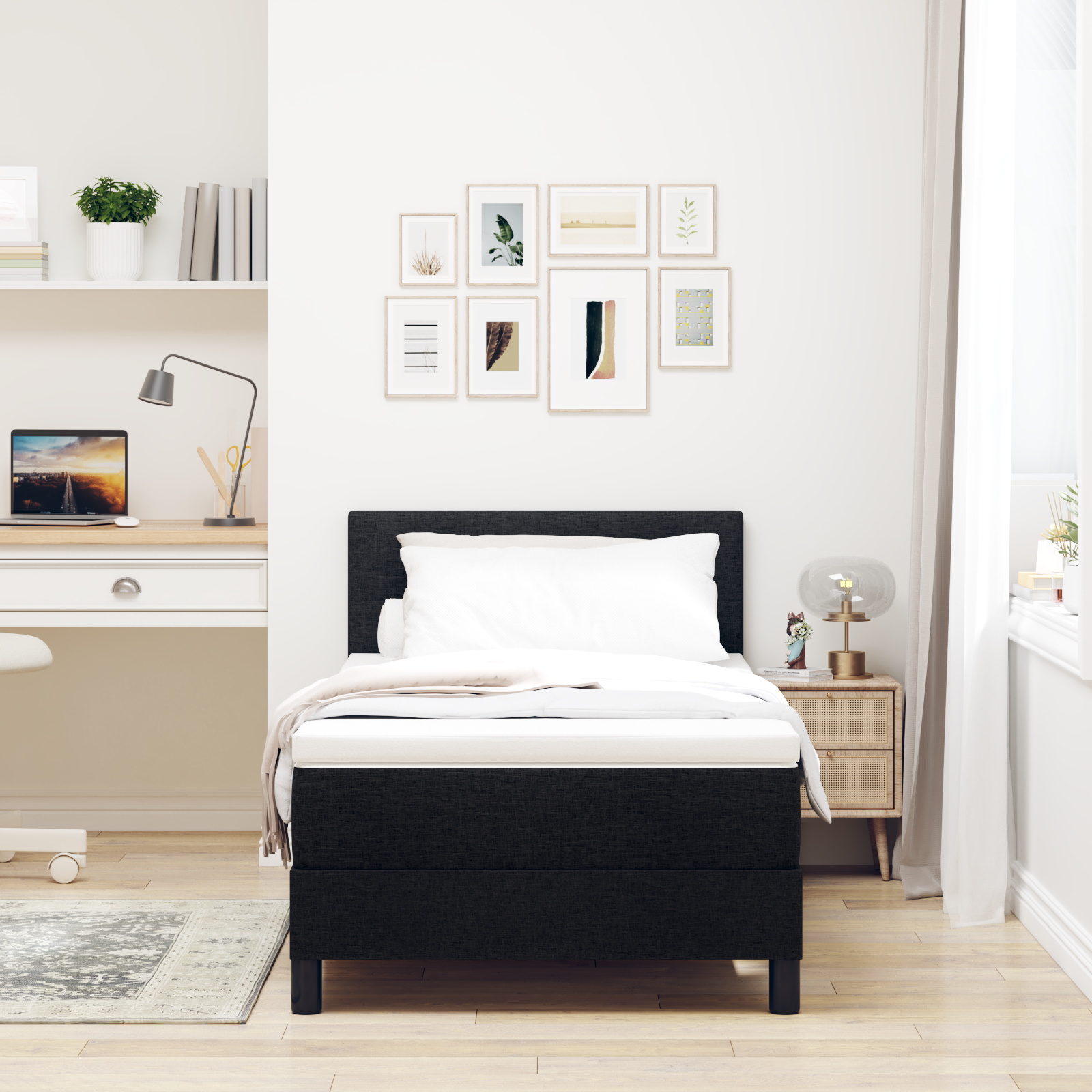 vidaXL Pat cu arcuri cu saltea Negru 100 x 200 cm țesătură vidaXL Pat cu arcuri cu saltea Negru 100 x 200 cm țesătură