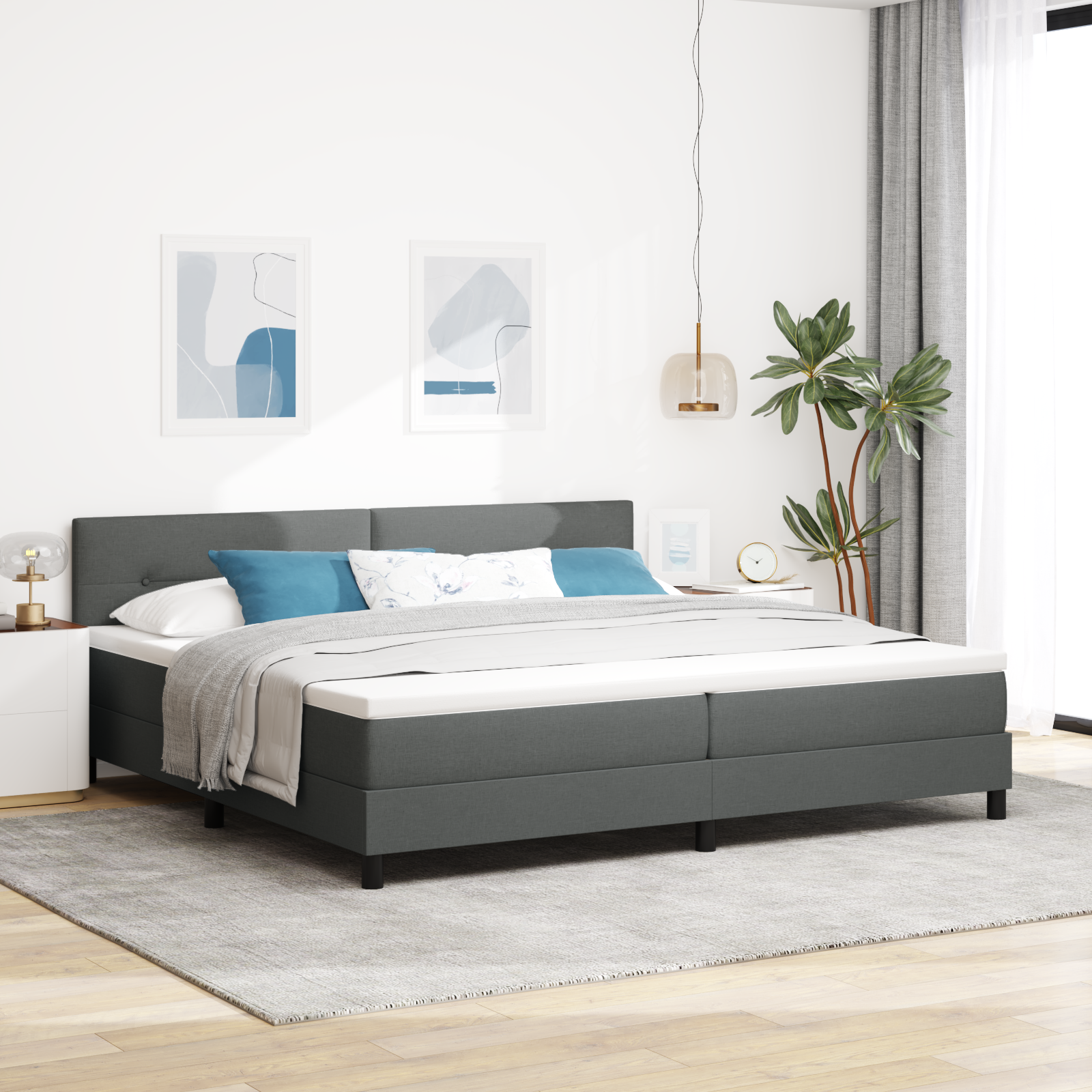 vidaXL Pat cu arcuri cu saltea Gri închis 200 x 200 cm țesătură vidaXL Pat cu arcuri cu saltea Gri închis 200 x 200 cm țesătură