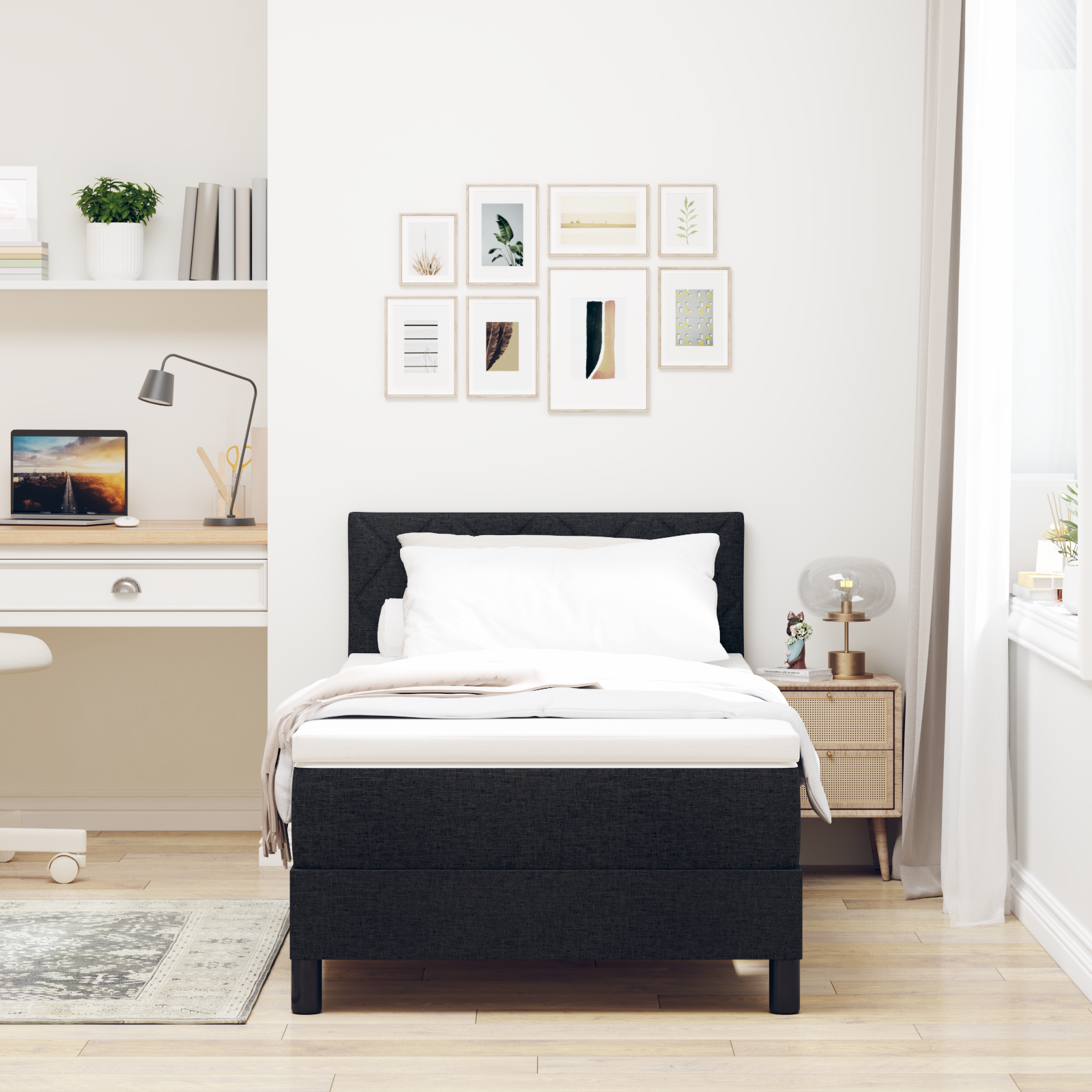 vidaXL Pat cu arcuri cu saltea Negru 100 x 200 cm țesătură vidaXL Pat cu arcuri cu saltea Negru 100 x 200 cm țesătură