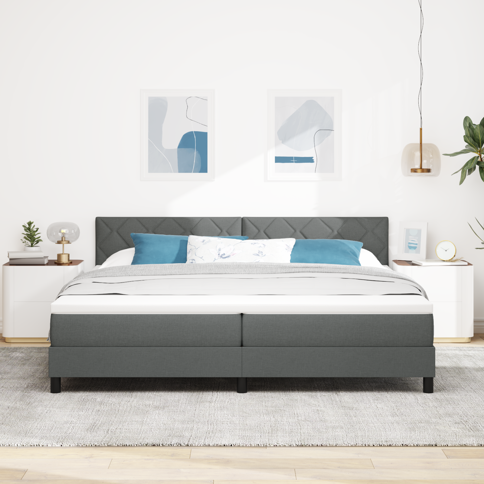 vidaXL Pat cu arcuri cu saltea Gri închis 200 x 200 cm țesătură vidaXL Pat cu arcuri cu saltea Gri închis 200 x 200 cm țesătură