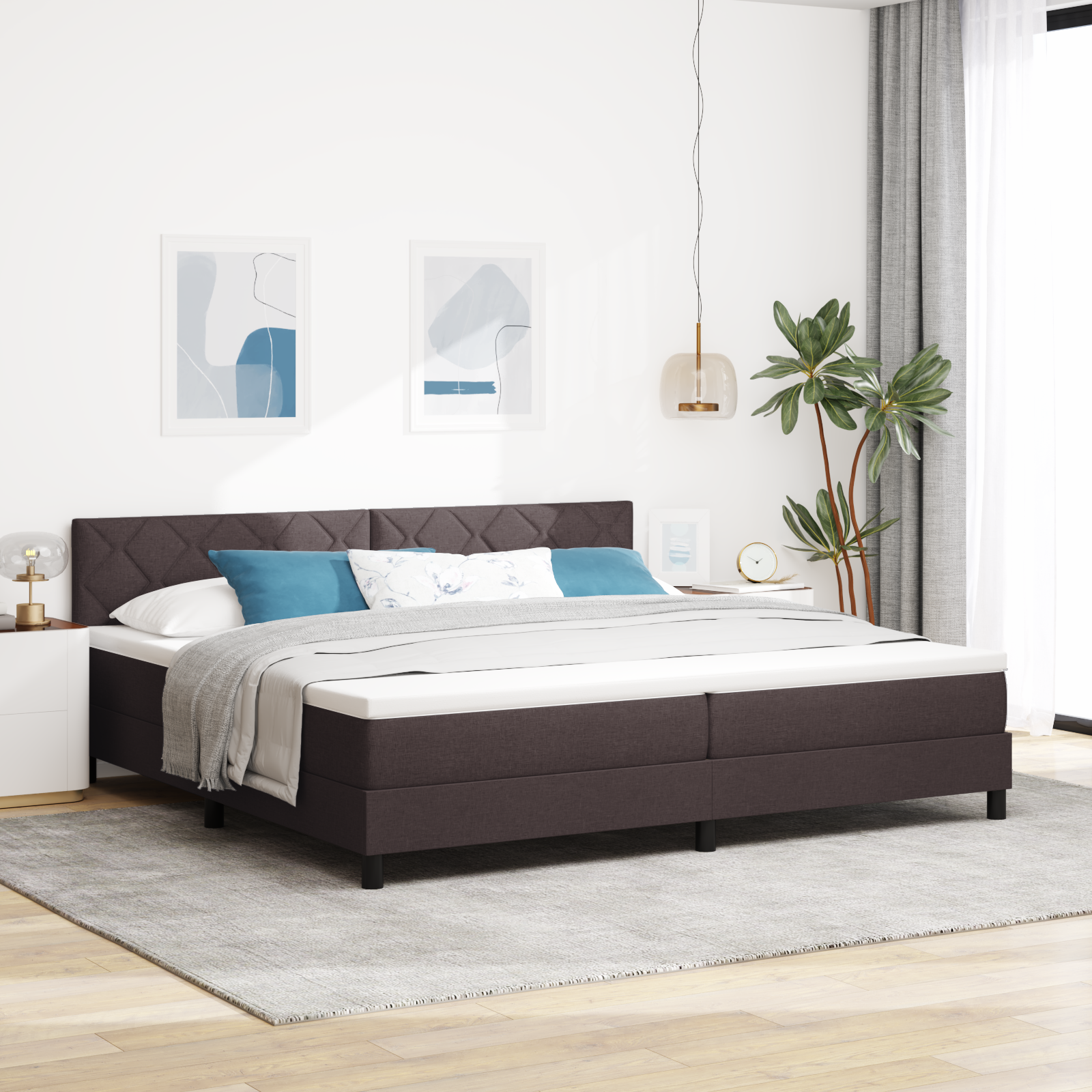 vidaXL Pat cu arcuri cu saltea Maro închis 200 x 200 cm țesătură vidaXL Pat cu arcuri cu saltea Maro închis 200 x 200 cm țesătură