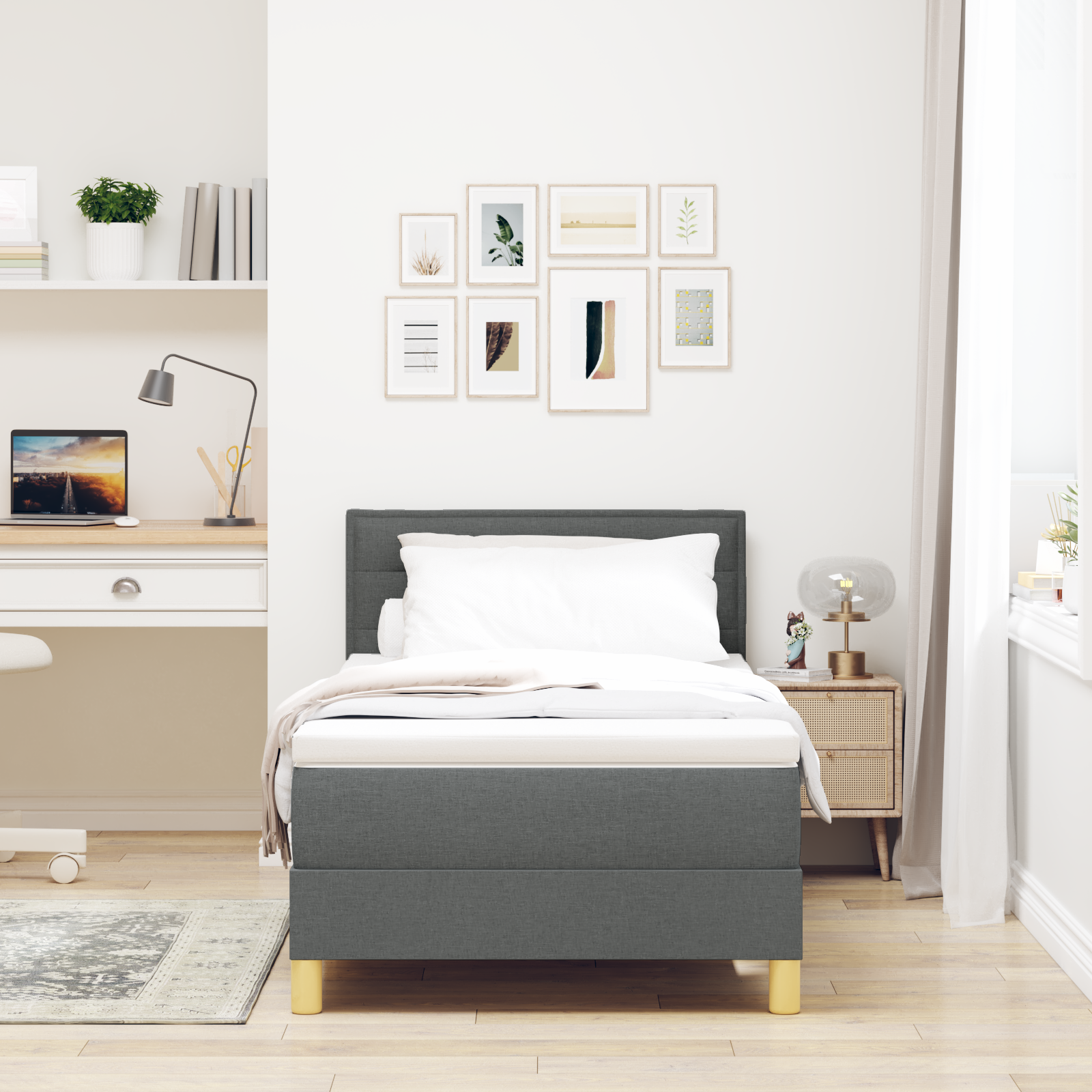 vidaXL Pat cu arcuri cu saltea Gri închis 90 x 190 cm țesătură vidaXL Pat cu arcuri cu saltea Gri închis 90 x 190 cm țesătură