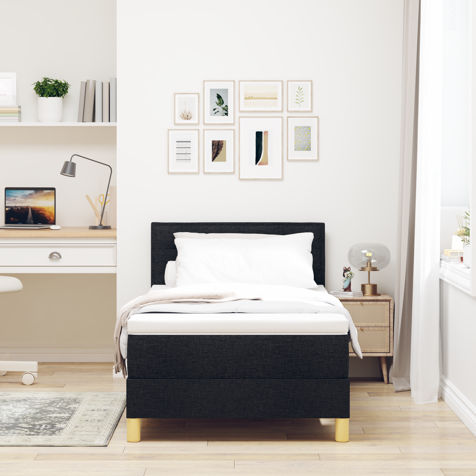 vidaXL Pat cu arcuri cu saltea cu headboard Negru 90 x 200 cm țesătură
