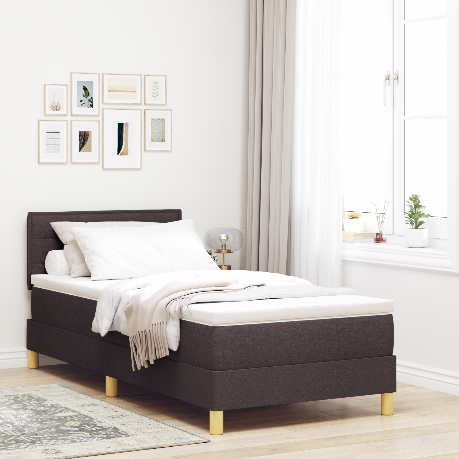 vidaXL Pat cu arcuri cu saltea Maro închis 90 x 200 cm țesătură vidaXL Pat cu arcuri cu saltea Maro închis 90 x 200 cm țesătură