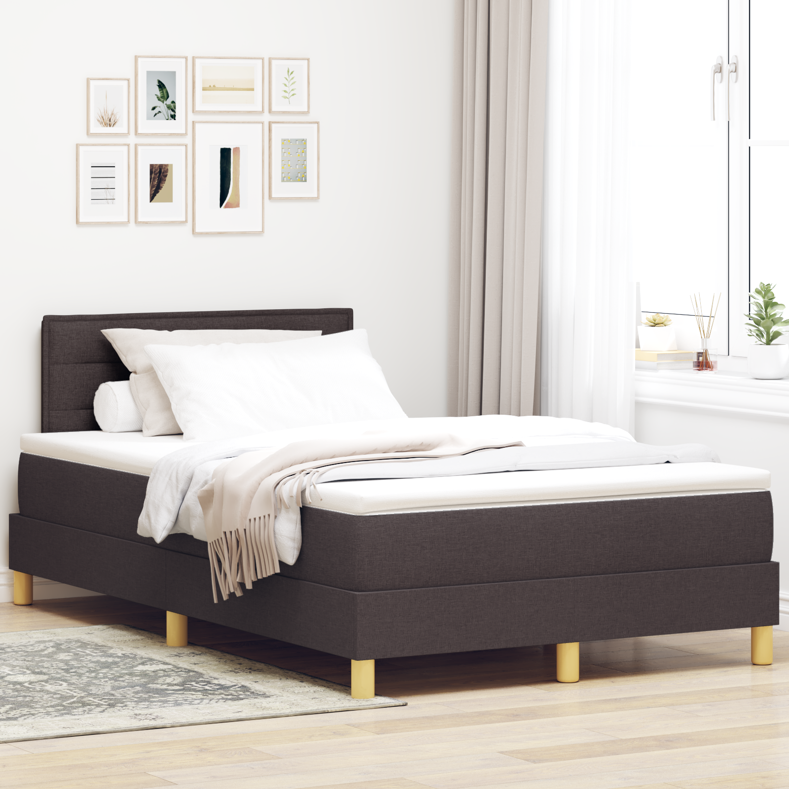 vidaXL Pat cu arcuri cu saltea Maro închis 120 x 200 cm țesătură vidaXL Pat cu arcuri cu saltea Maro închis 120 x 200 cm țesătură