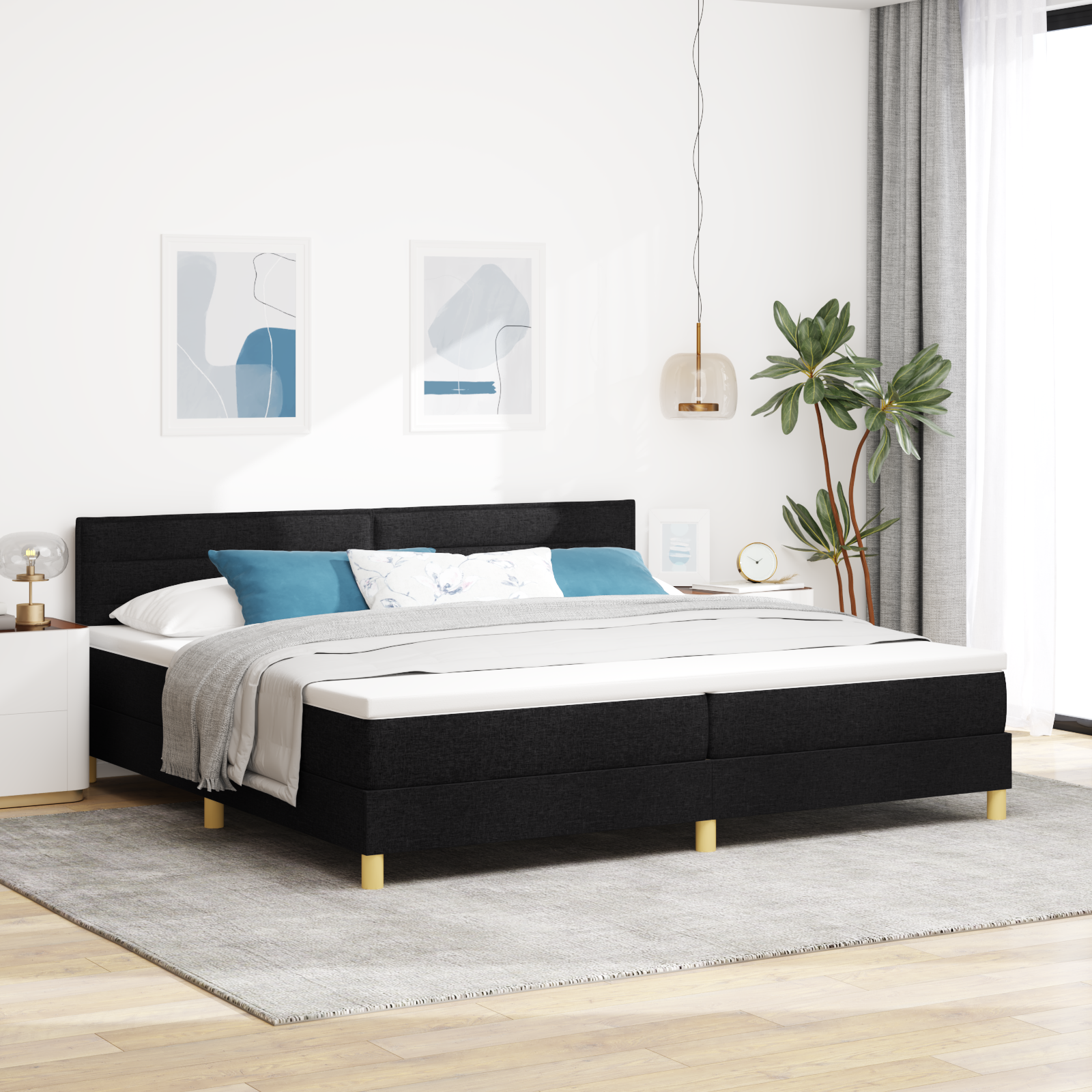 vidaXL Pat cu arcuri cu saltea Negru 200 x 200 cm țesătură vidaXL Pat cu arcuri cu saltea Negru 200 x 200 cm țesătură