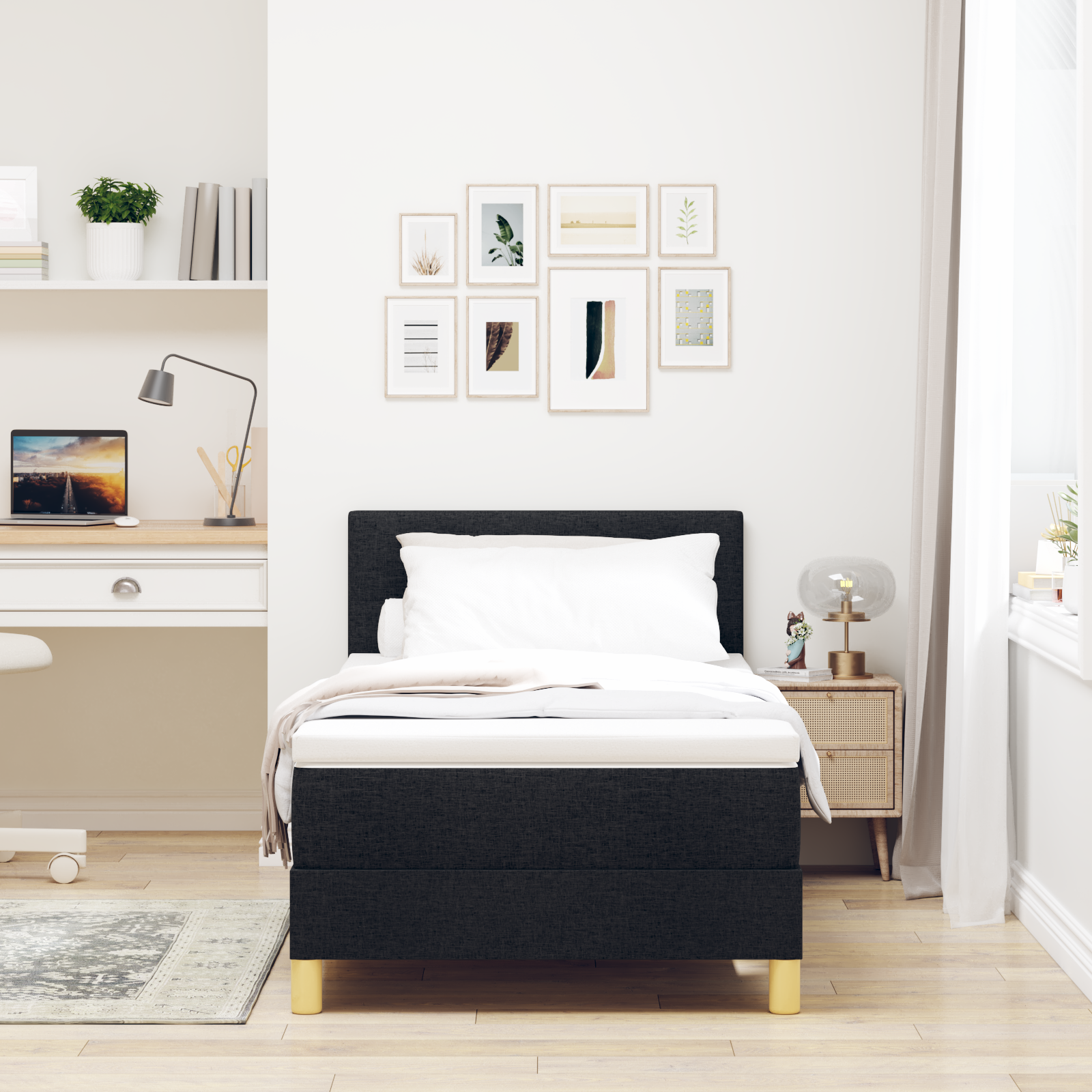 vidaXL Pat cu arcuri cu saltea cu headboard Negru 90 x 190 cm țesătură